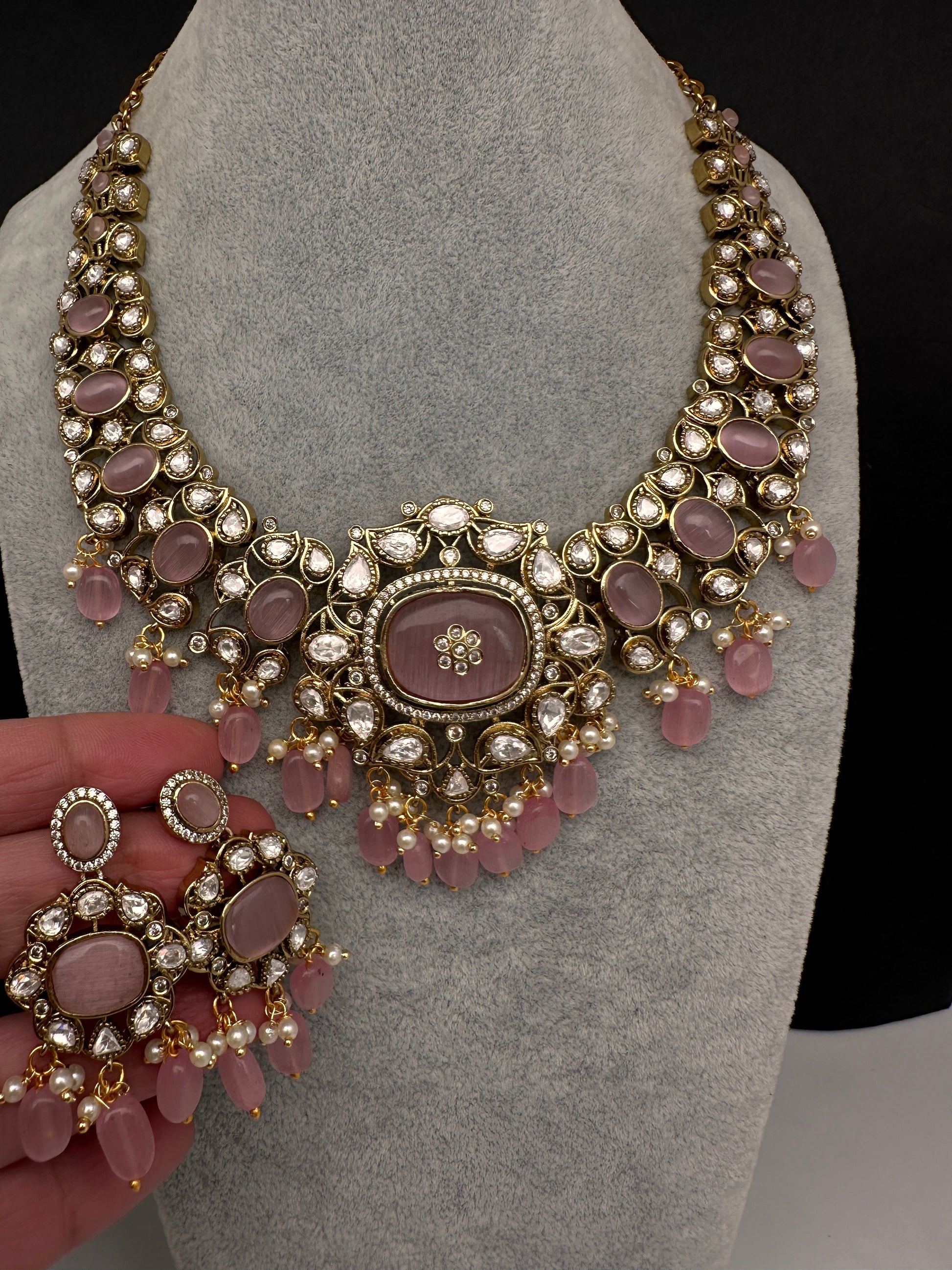 Moissanite  Statement Victorian Color Stone Necklace - Pink