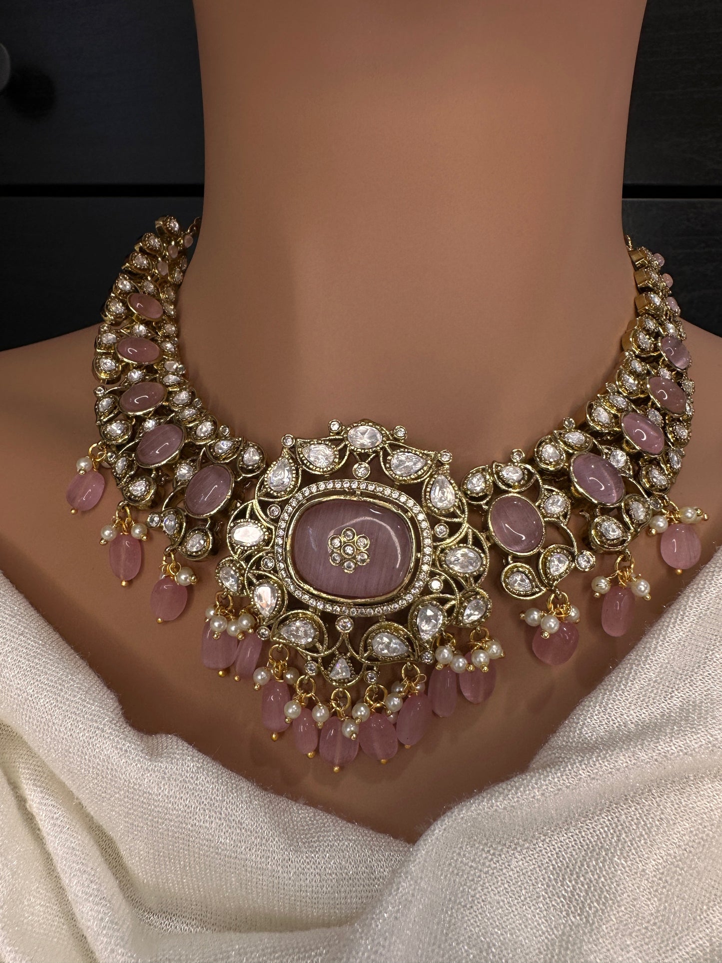 Moissanite  Statement Victorian Color Stone Necklace - Pink