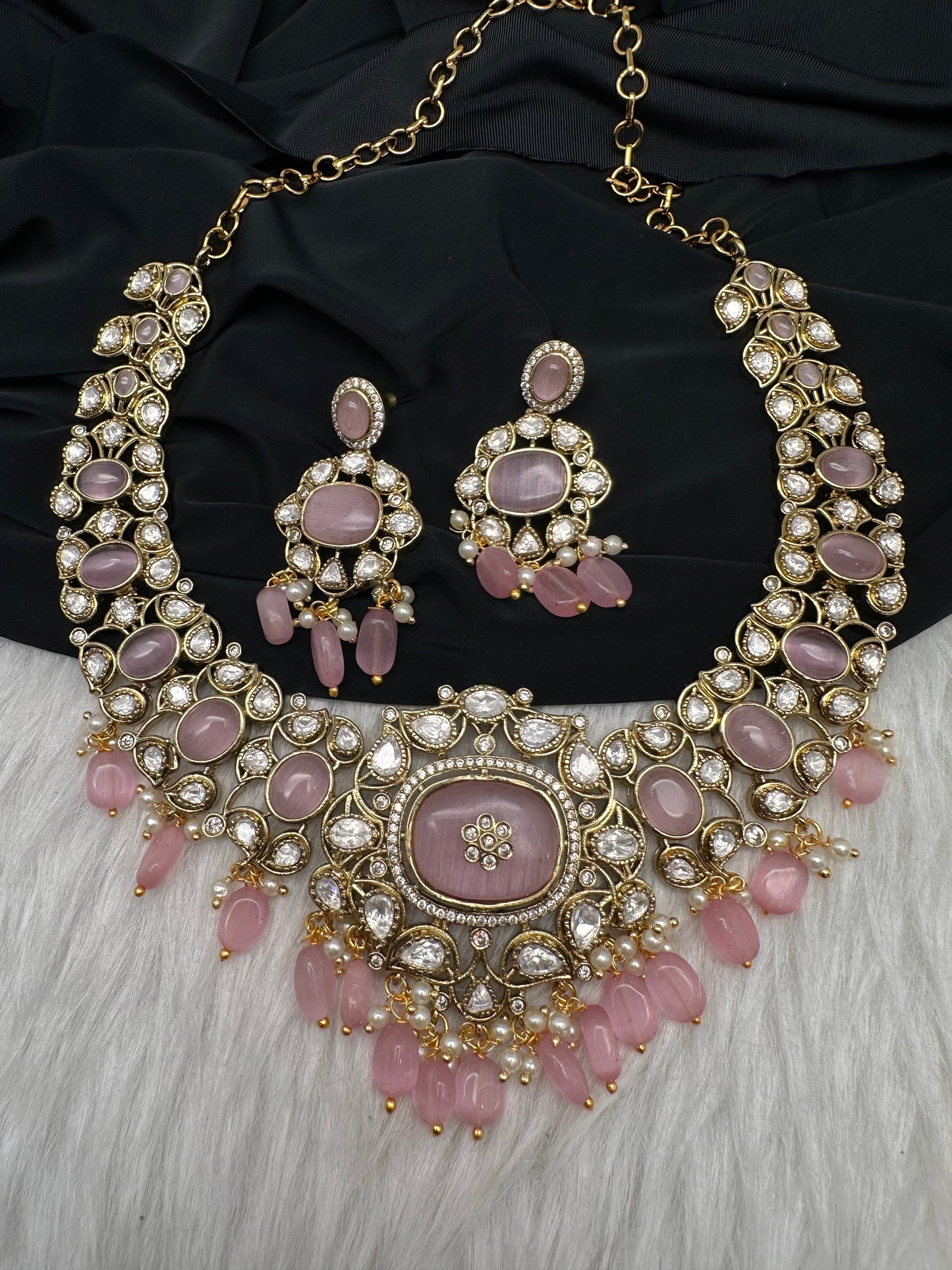 Moissanite  Statement Victorian Color Stone Necklace - Pink