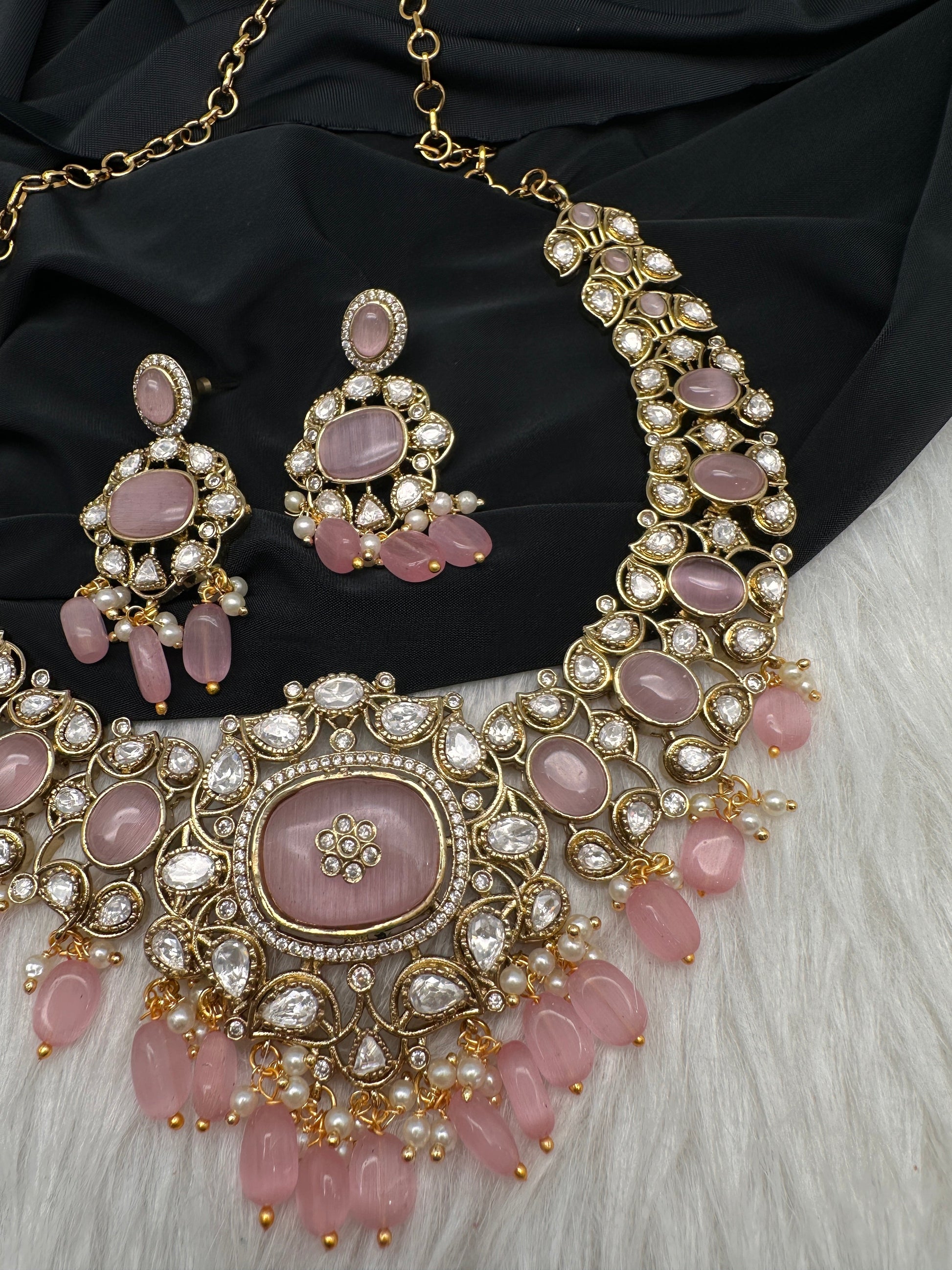 Moissanite  Statement Victorian Color Stone Necklace - Pink