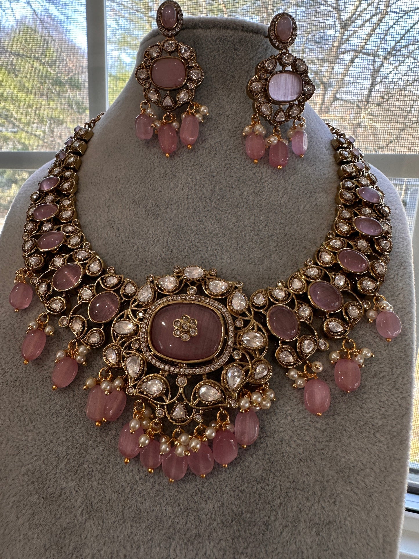 Moissanite  Statement Victorian Color Stone Necklace - Pink