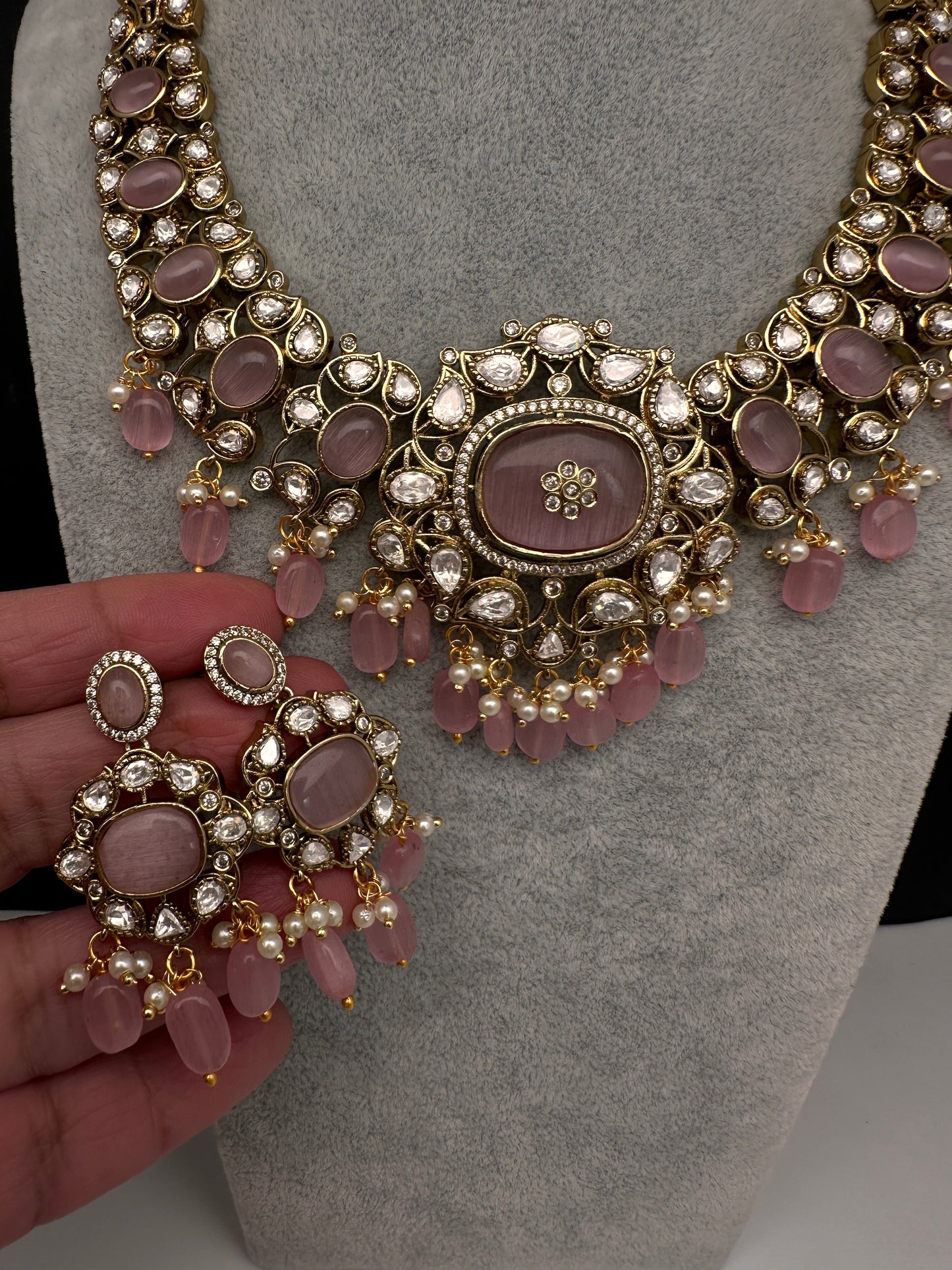 Moissanite  Statement Victorian Color Stone Necklace - Pink