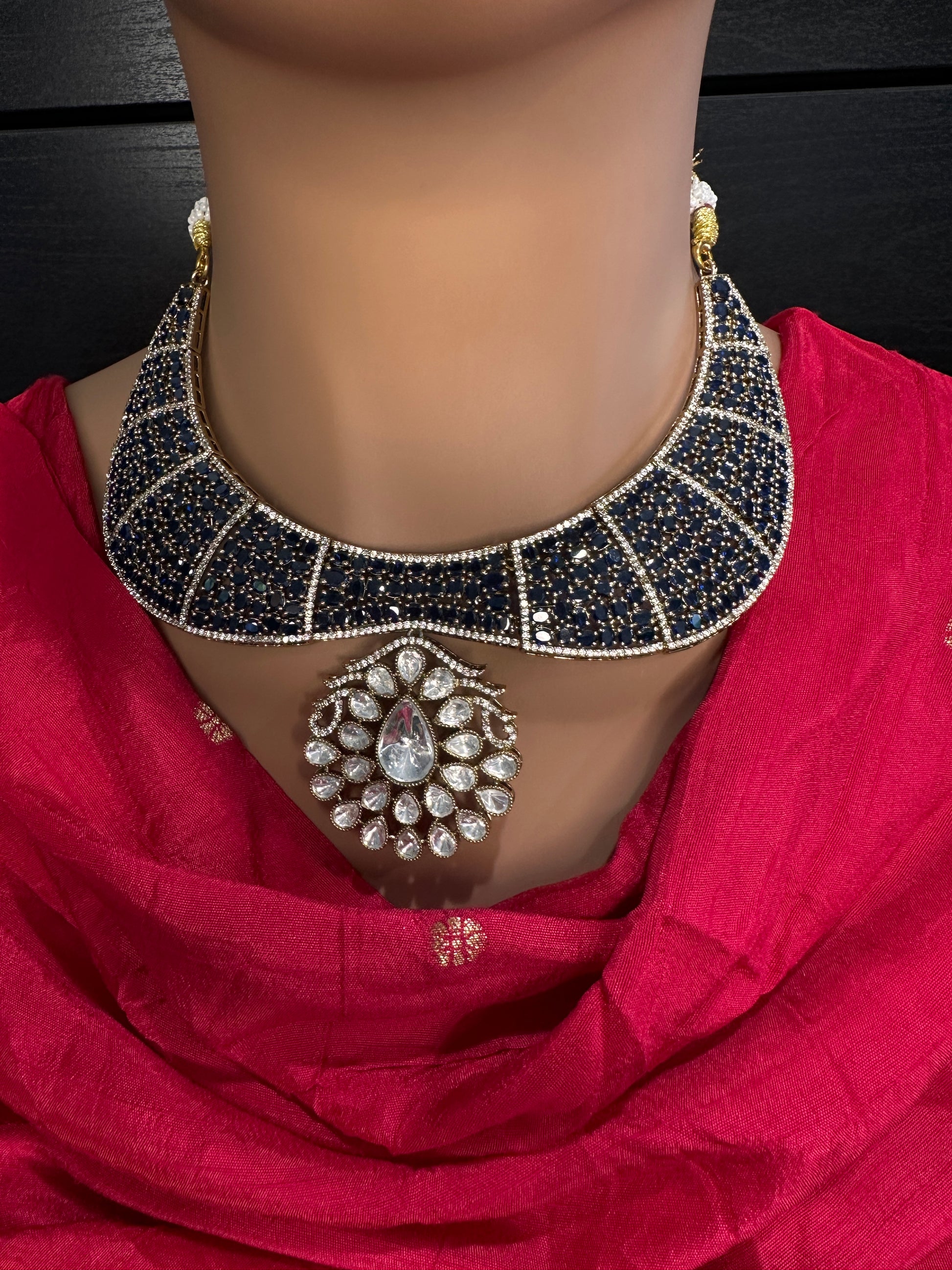 Moissanite AD Blue Neckline Short Necklace - 