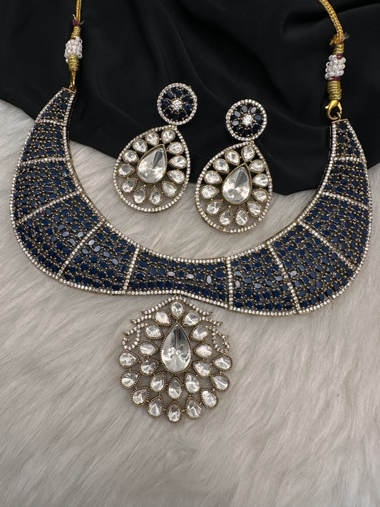 Moissanite AD Blue Neckline Short Necklace - 