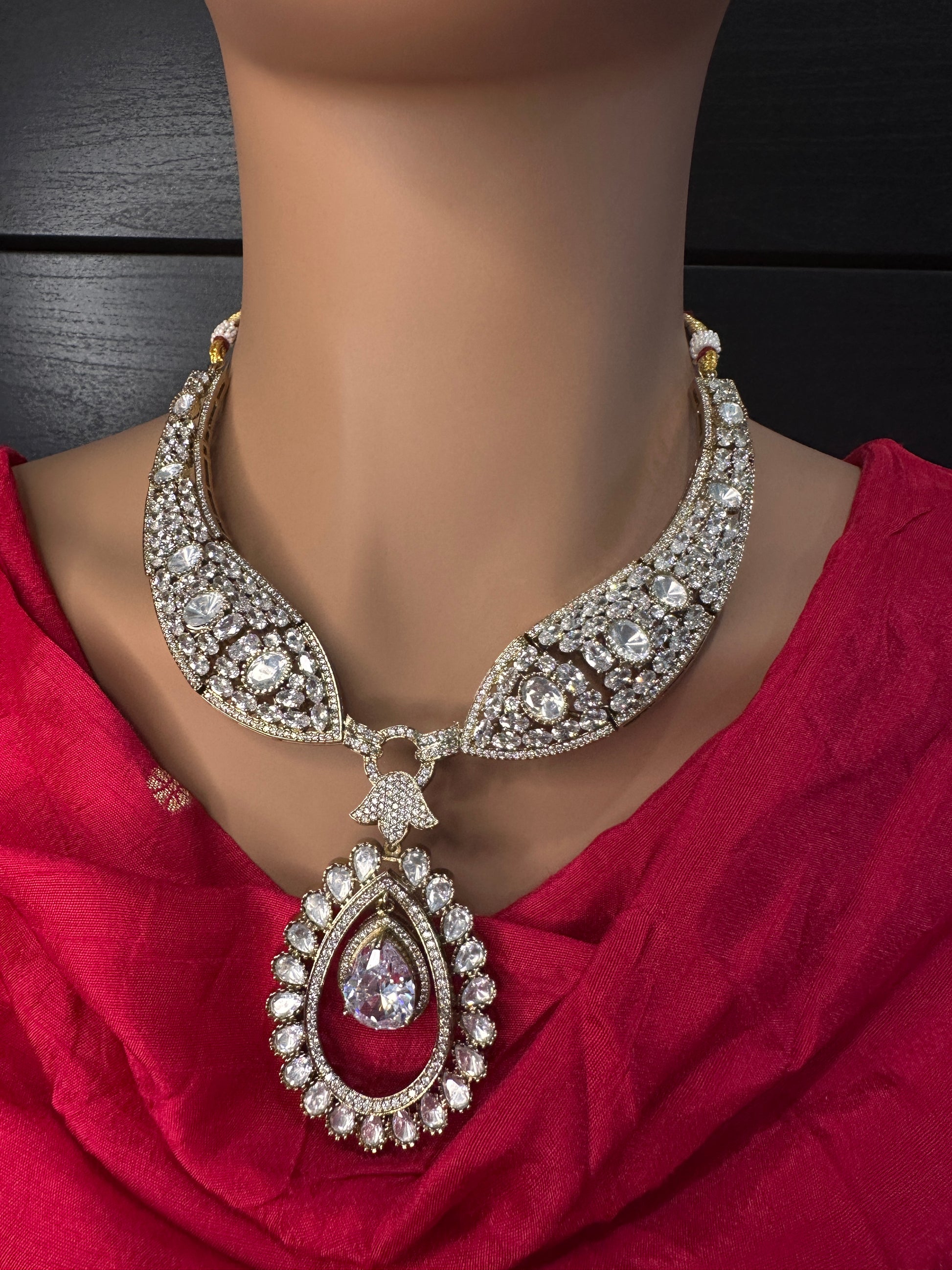 Moissanite AD Neckline Short Necklace with Earrings and Mang Tika - 