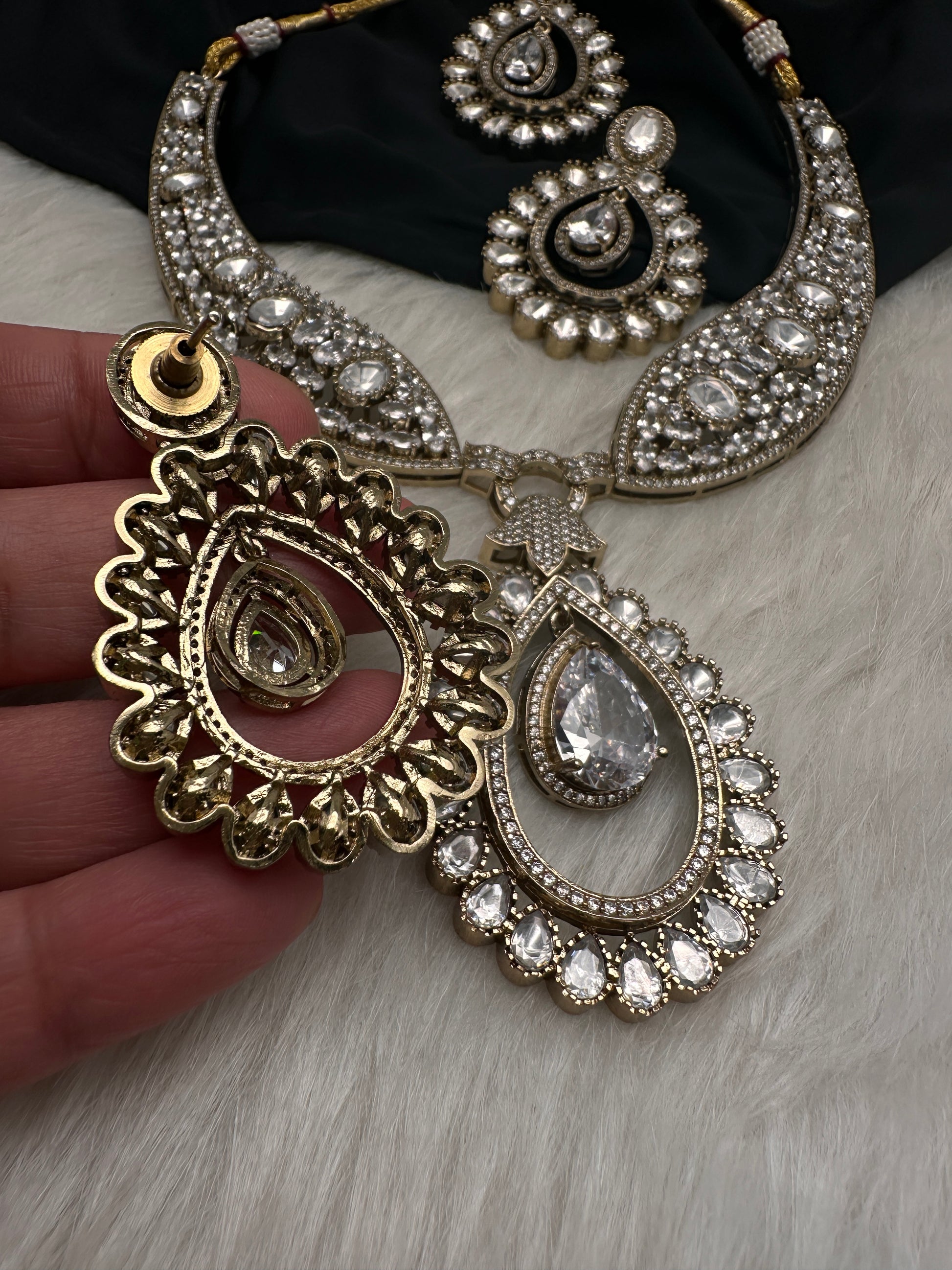 Moissanite AD Neckline Short Necklace with Earrings and Mang Tika - 