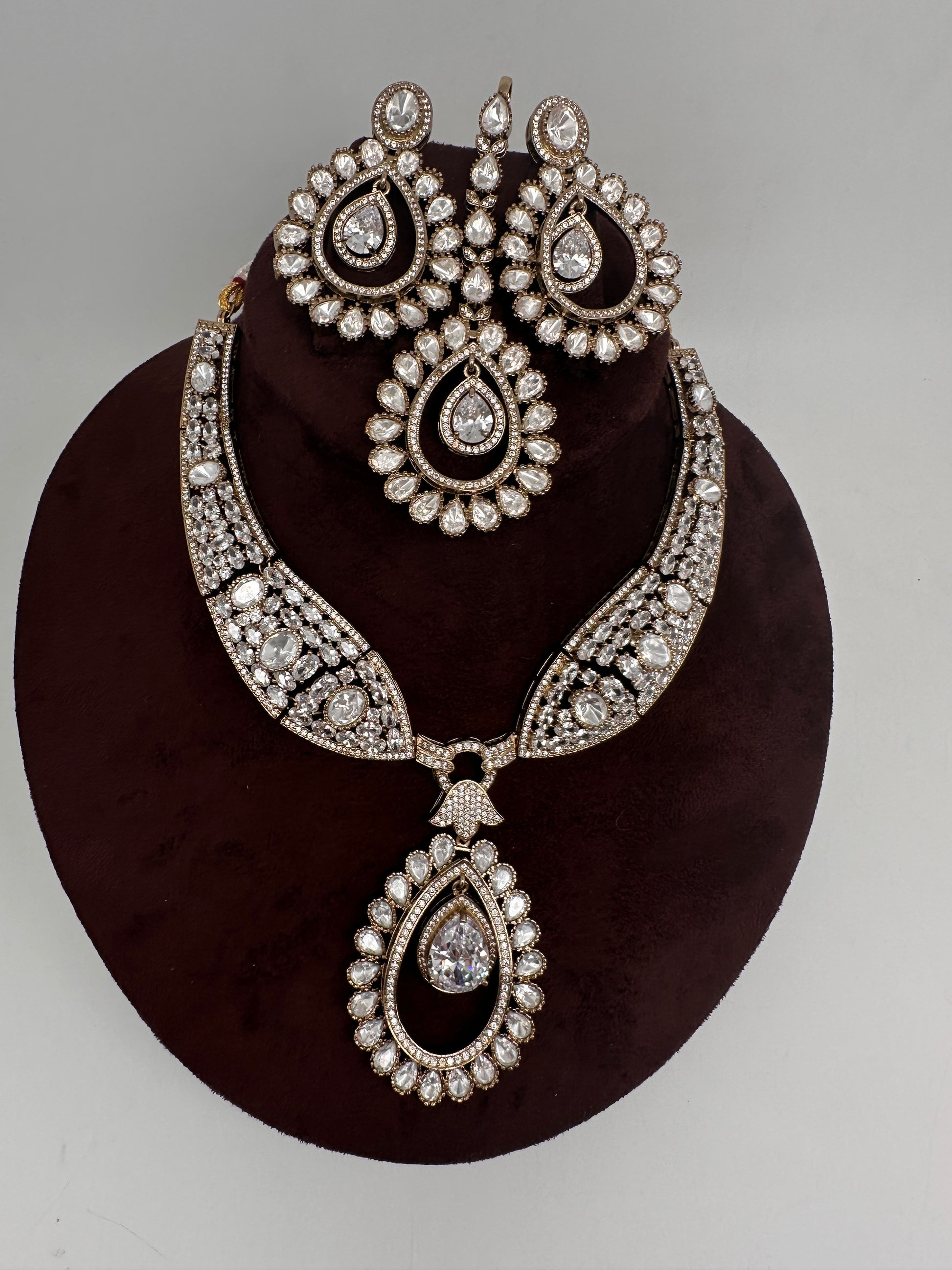 Moissanite AD Neckline Short Necklace with Earrings and Mang Tika - 