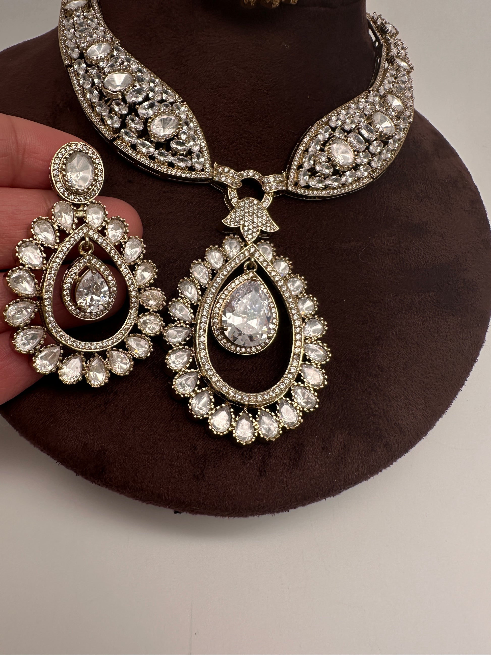 Moissanite AD Neckline Short Necklace with Earrings and Mang Tika - 