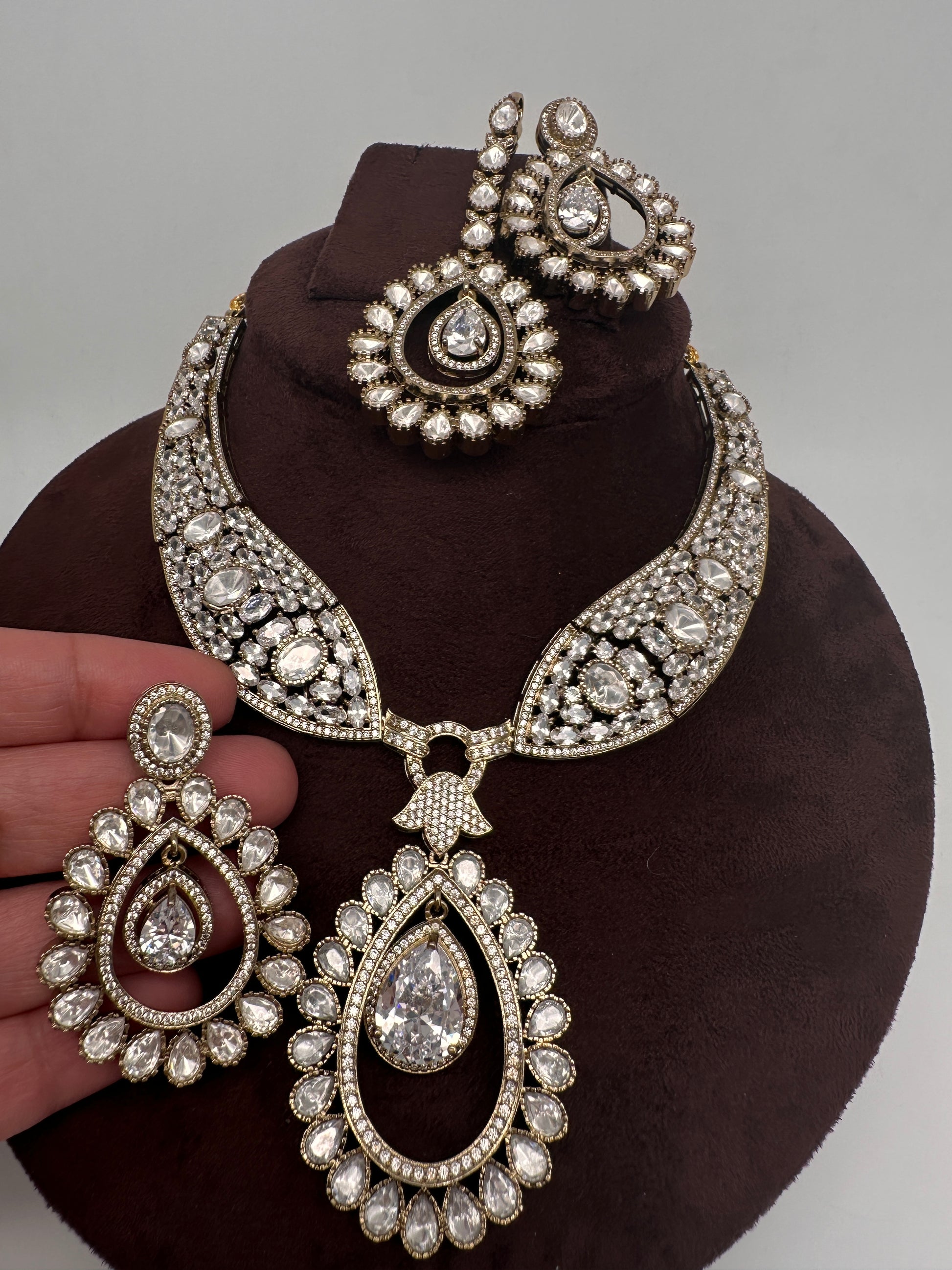 Moissanite AD Neckline Short Necklace with Earrings and Mang Tika - 