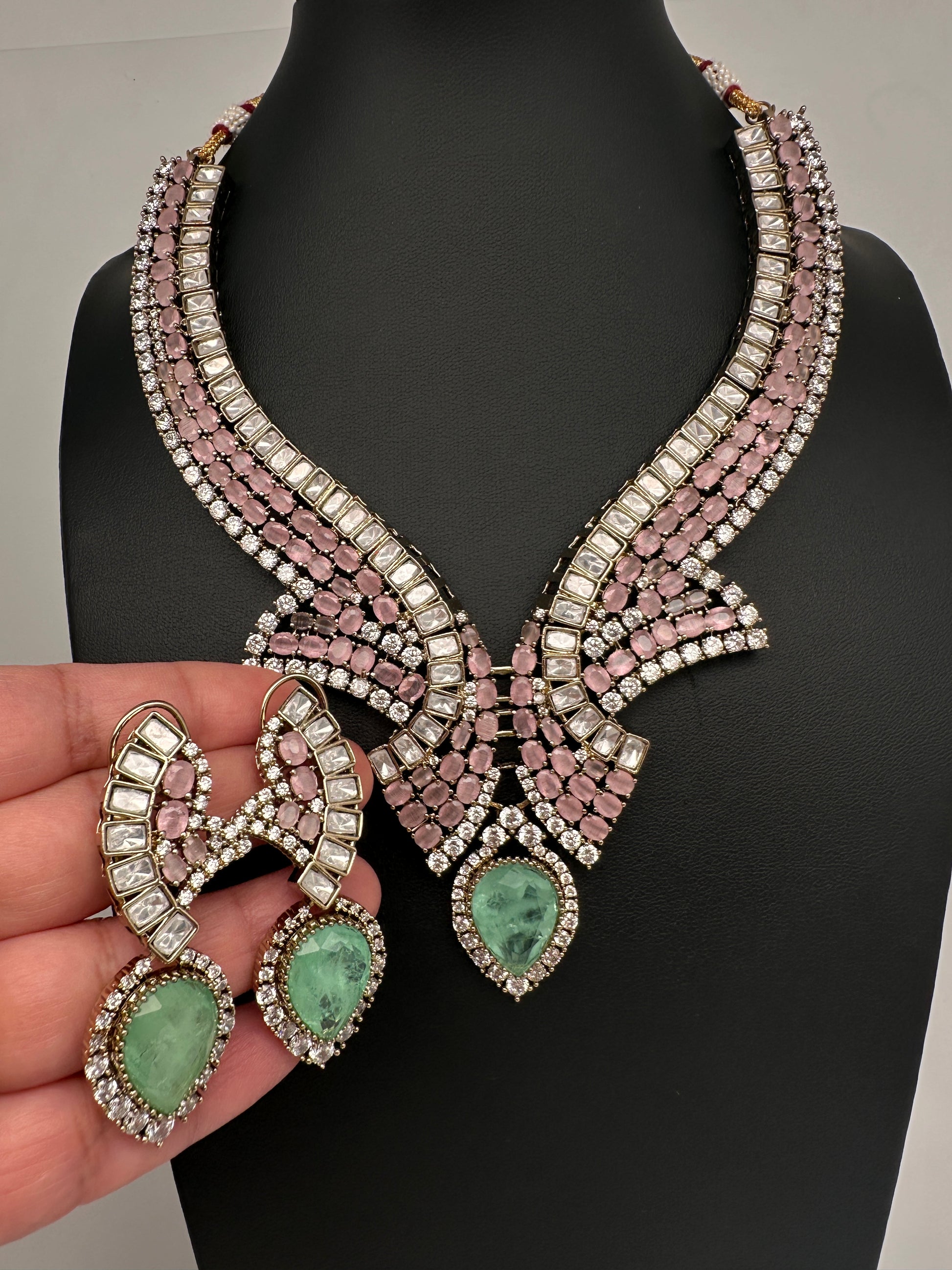 Moissanite Doublet Mint Green Pink Statement Necklace - 