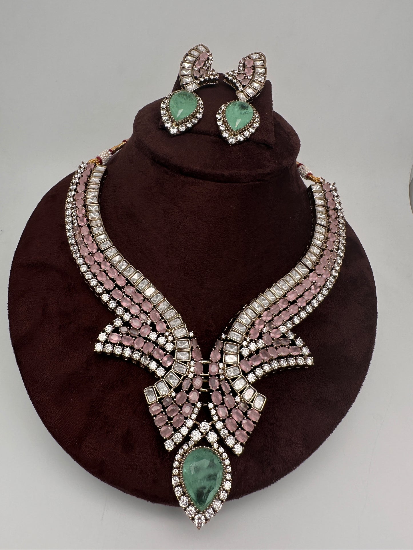 Moissanite Doublet Mint Green Pink Statement Necklace - 