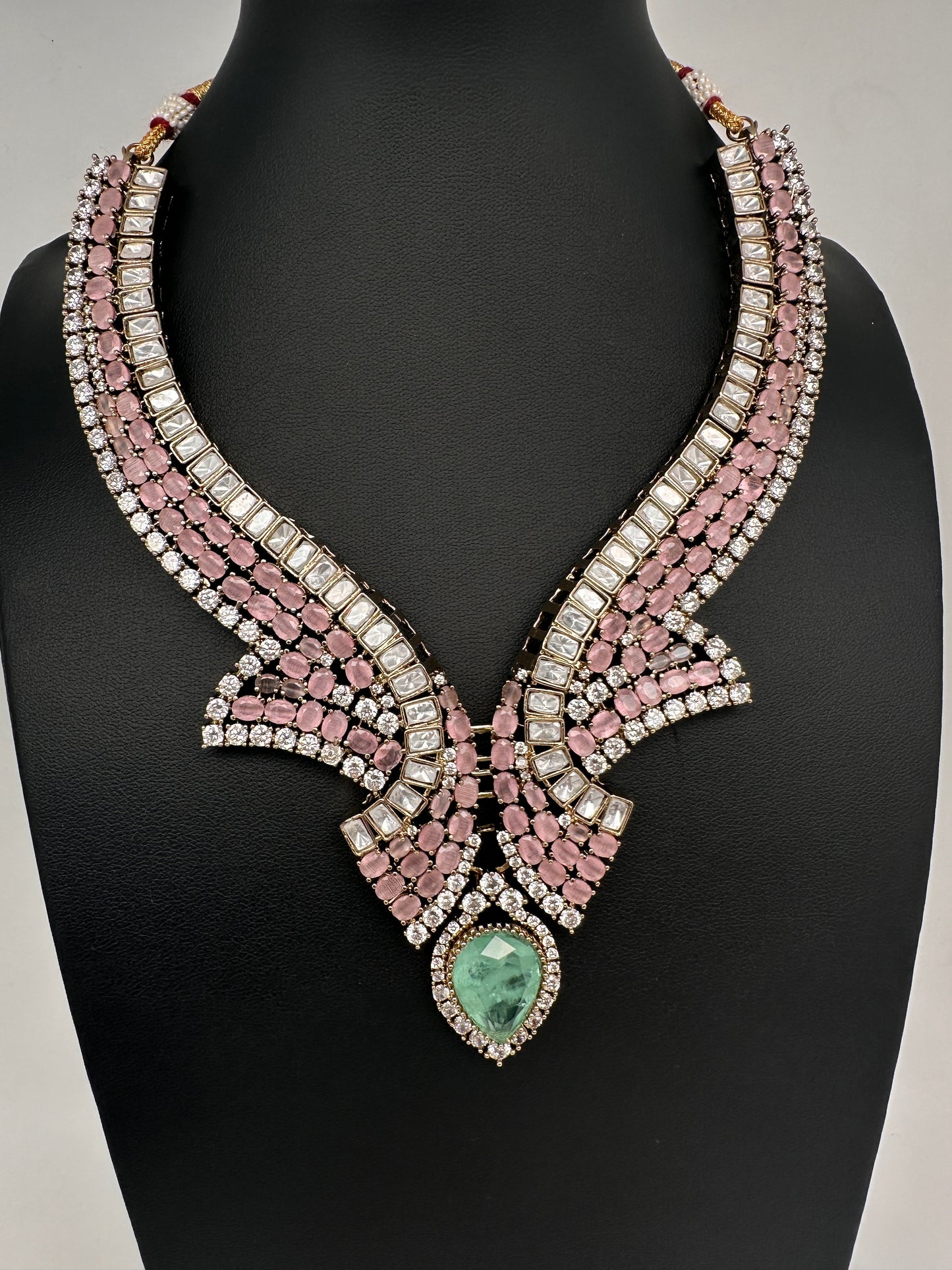 Moissanite Doublet Mint Green Pink Statement Necklace - 