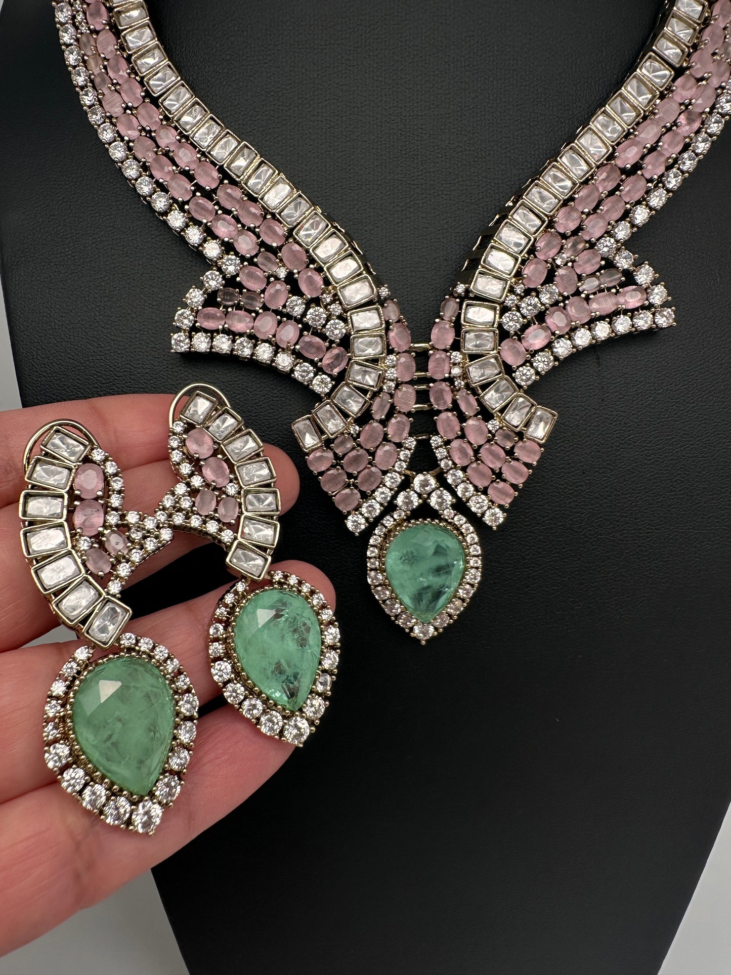 Moissanite Doublet Mint Green Pink Statement Necklace - 