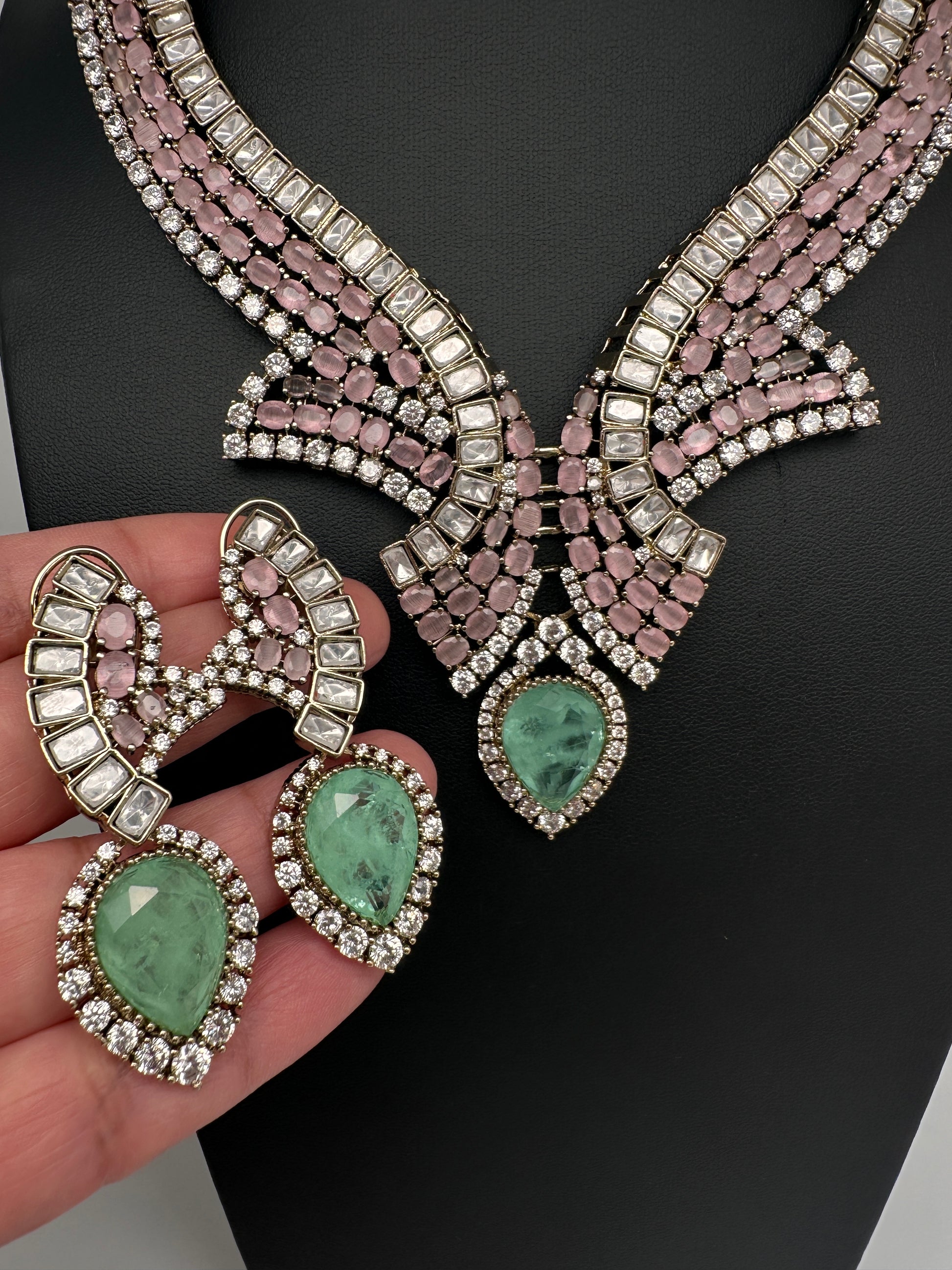 Moissanite Doublet Mint Green Pink Statement Necklace - 