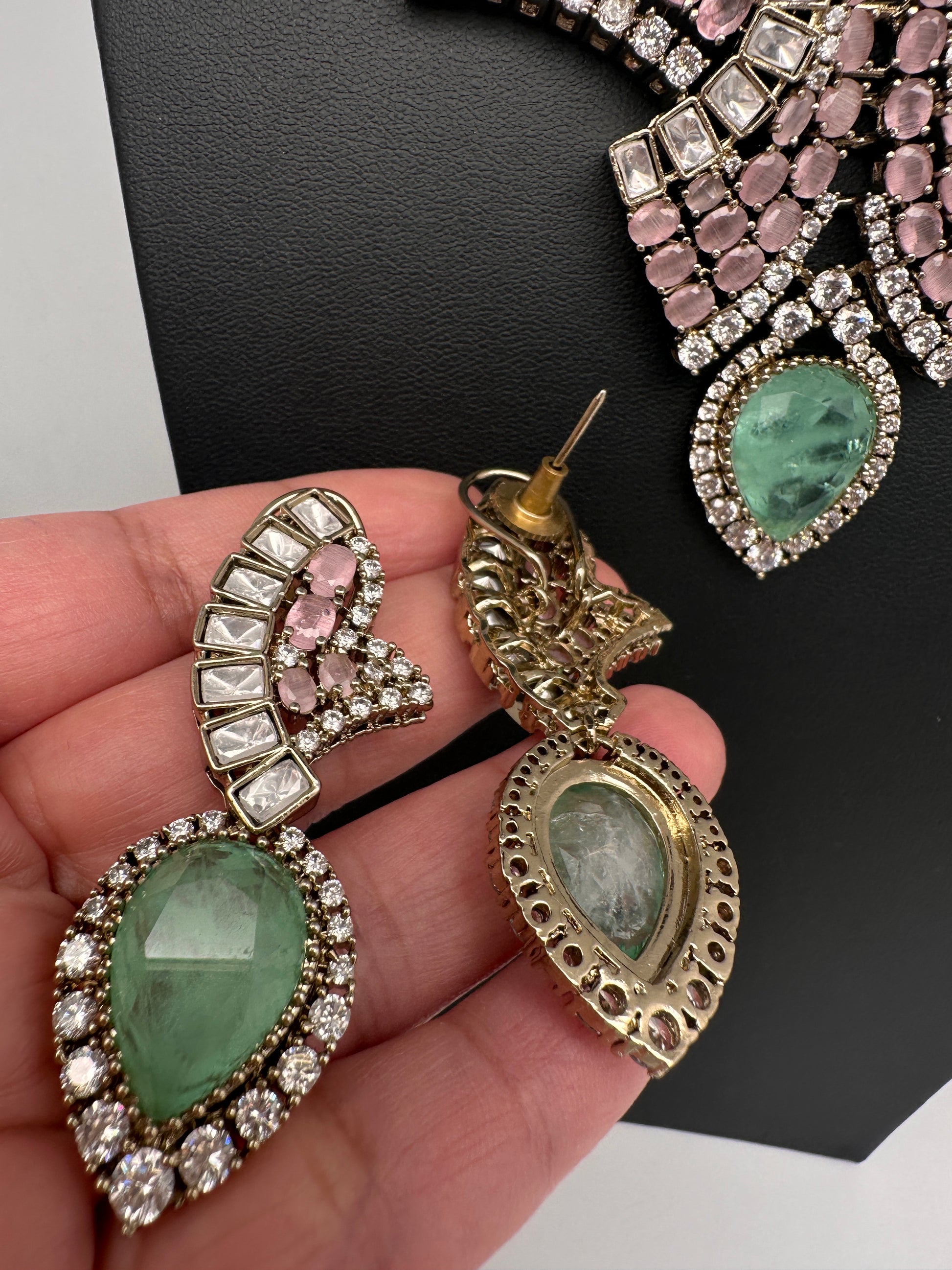 Moissanite Doublet Mint Green Pink Statement Necklace - 
