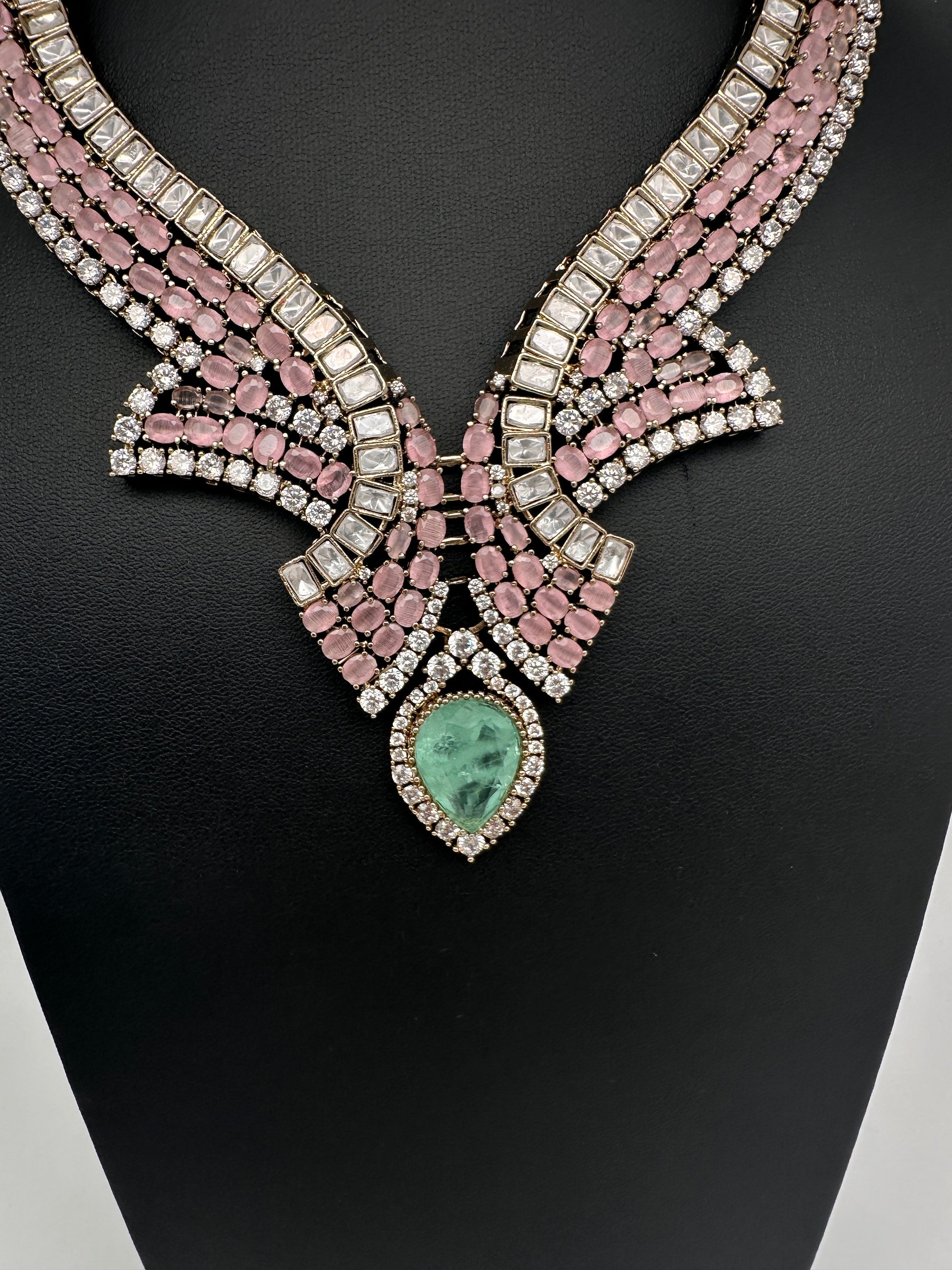 Moissanite Doublet Mint Green Pink Statement Necklace - 