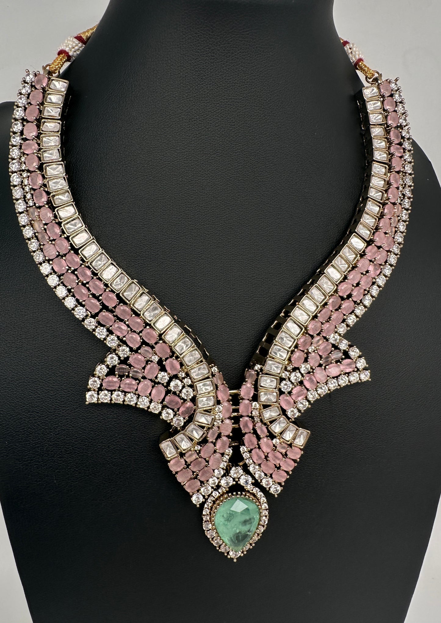 Moissanite Doublet Mint Green Pink Statement Necklace - 
