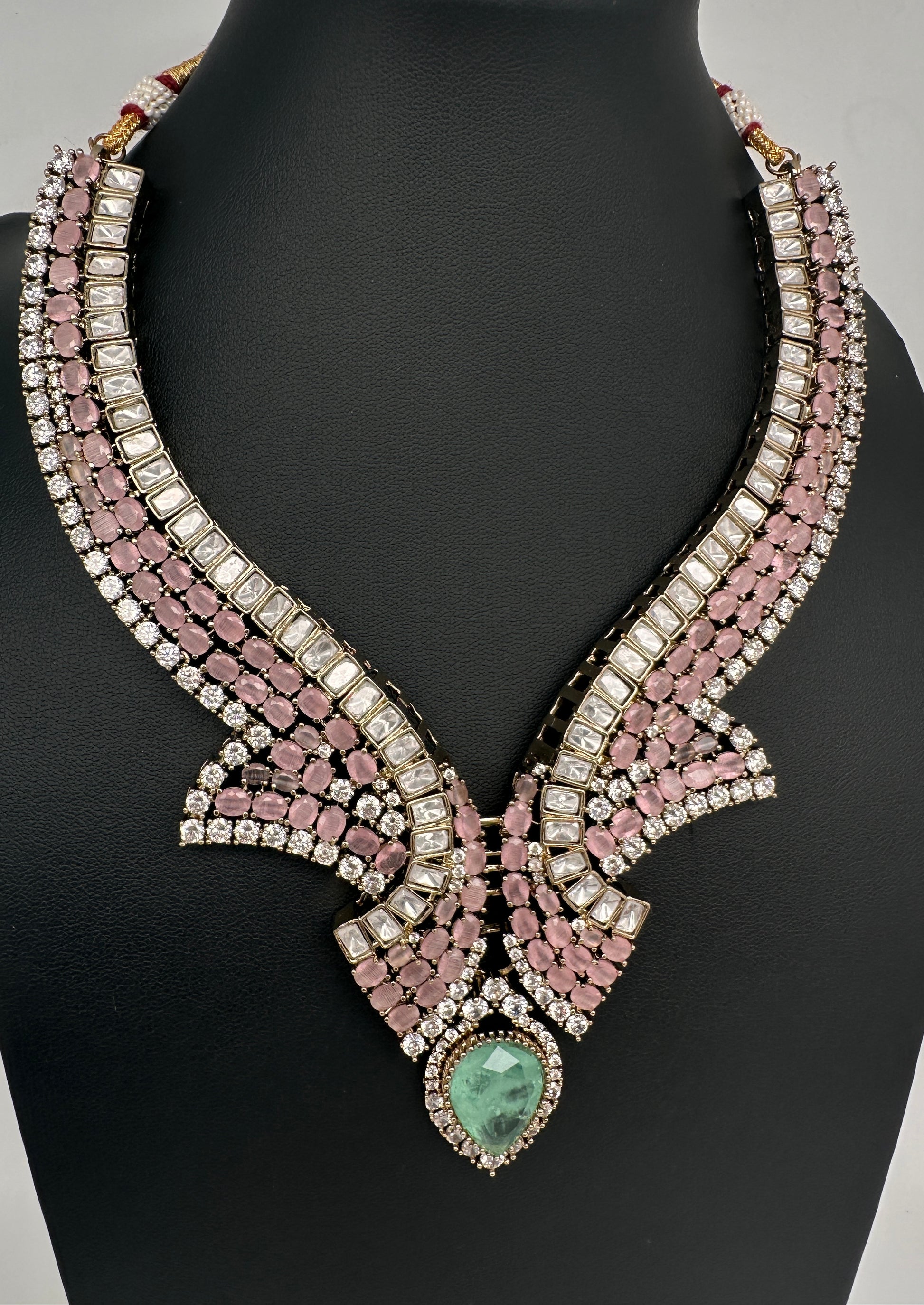 Moissanite Doublet Mint Green Pink Statement Necklace - 