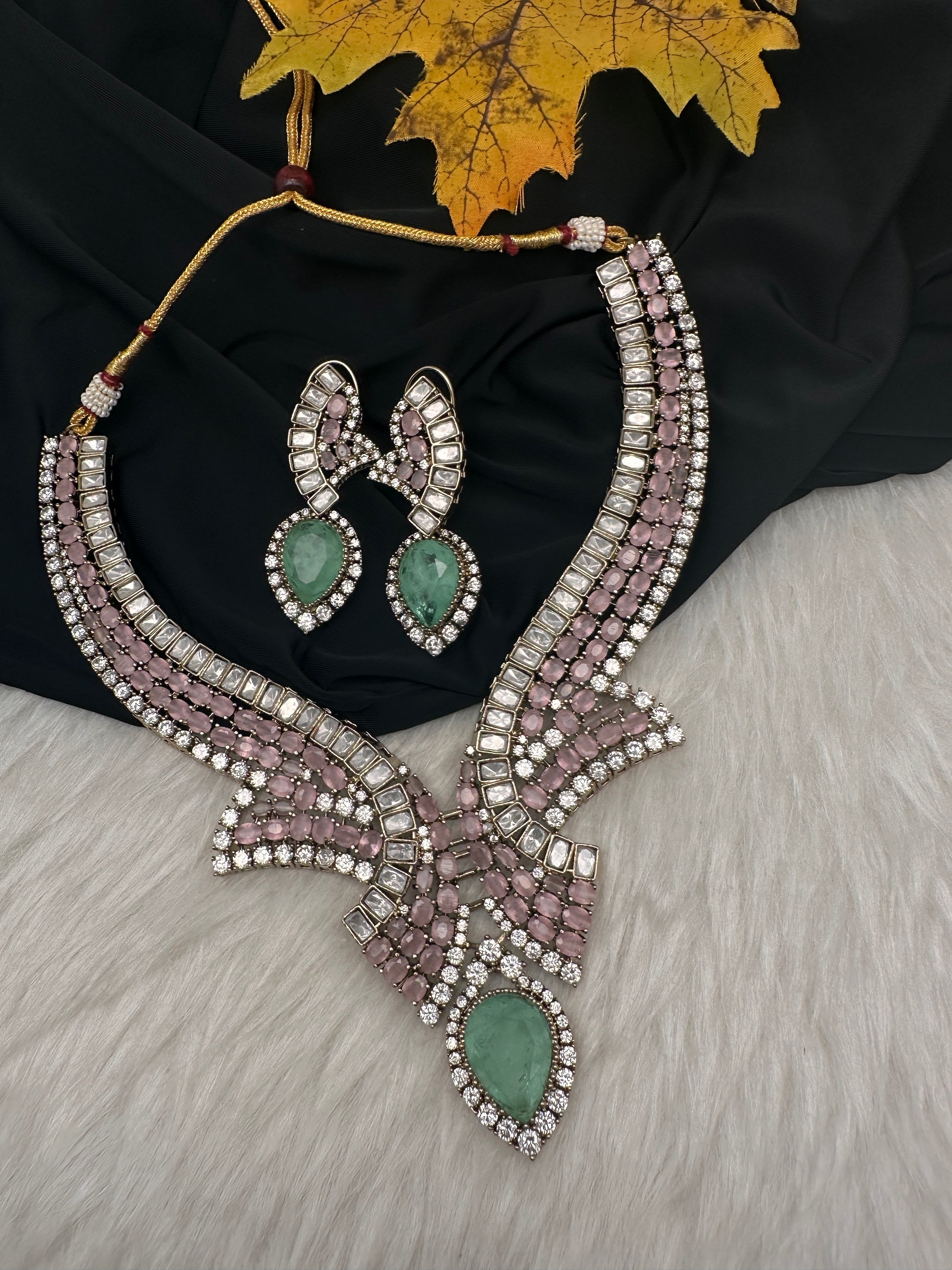 Moissanite Doublet Mint Green Pink Statement Necklace - 