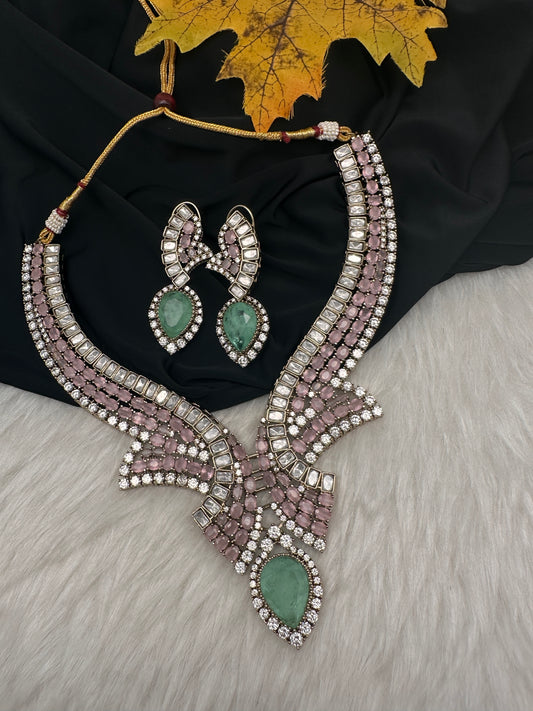Moissanite Doublet Mint Green Pink Statement Necklace - 