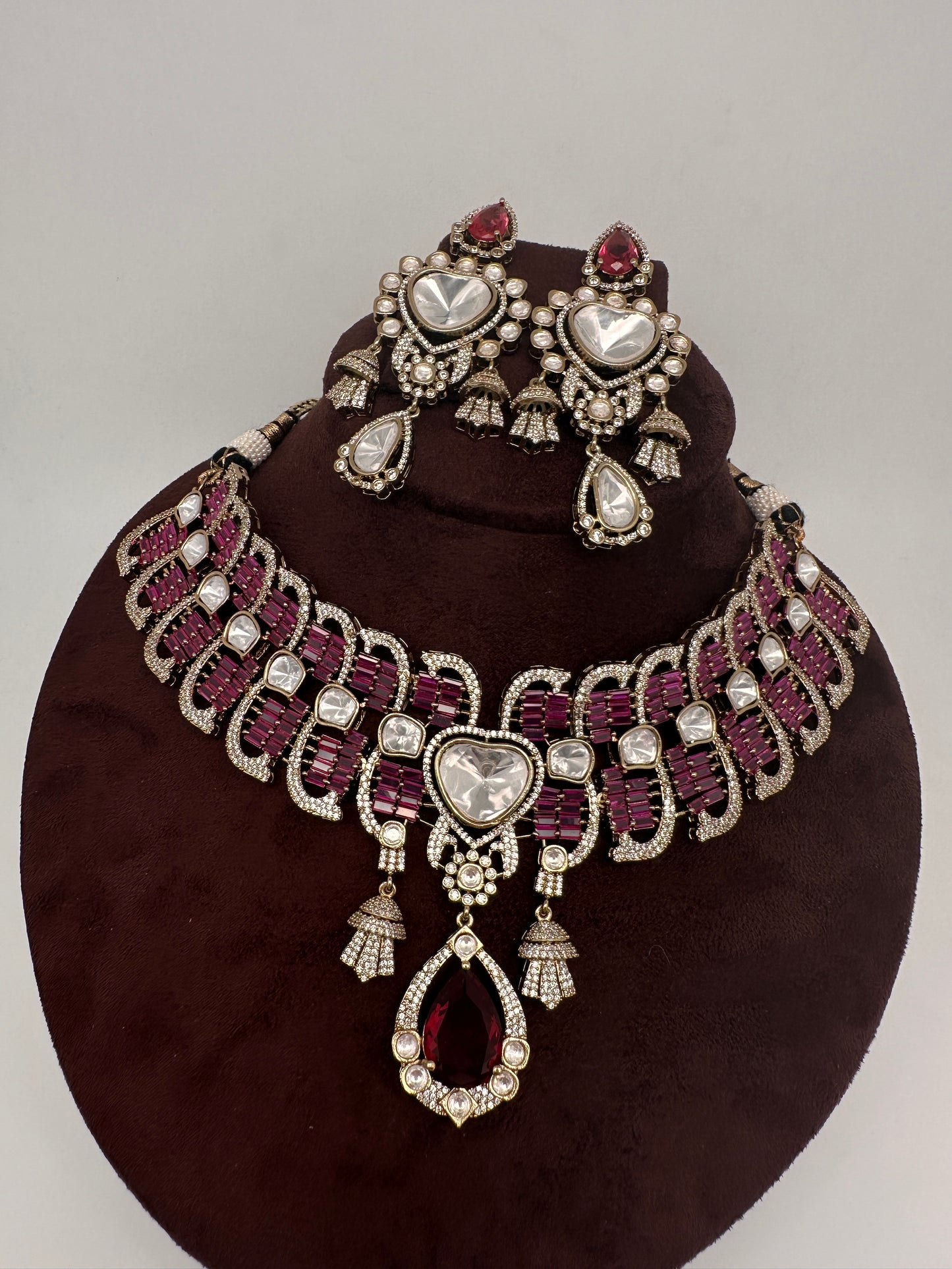 Moissanite Polki Red Pink Statement Choker Necklace - 