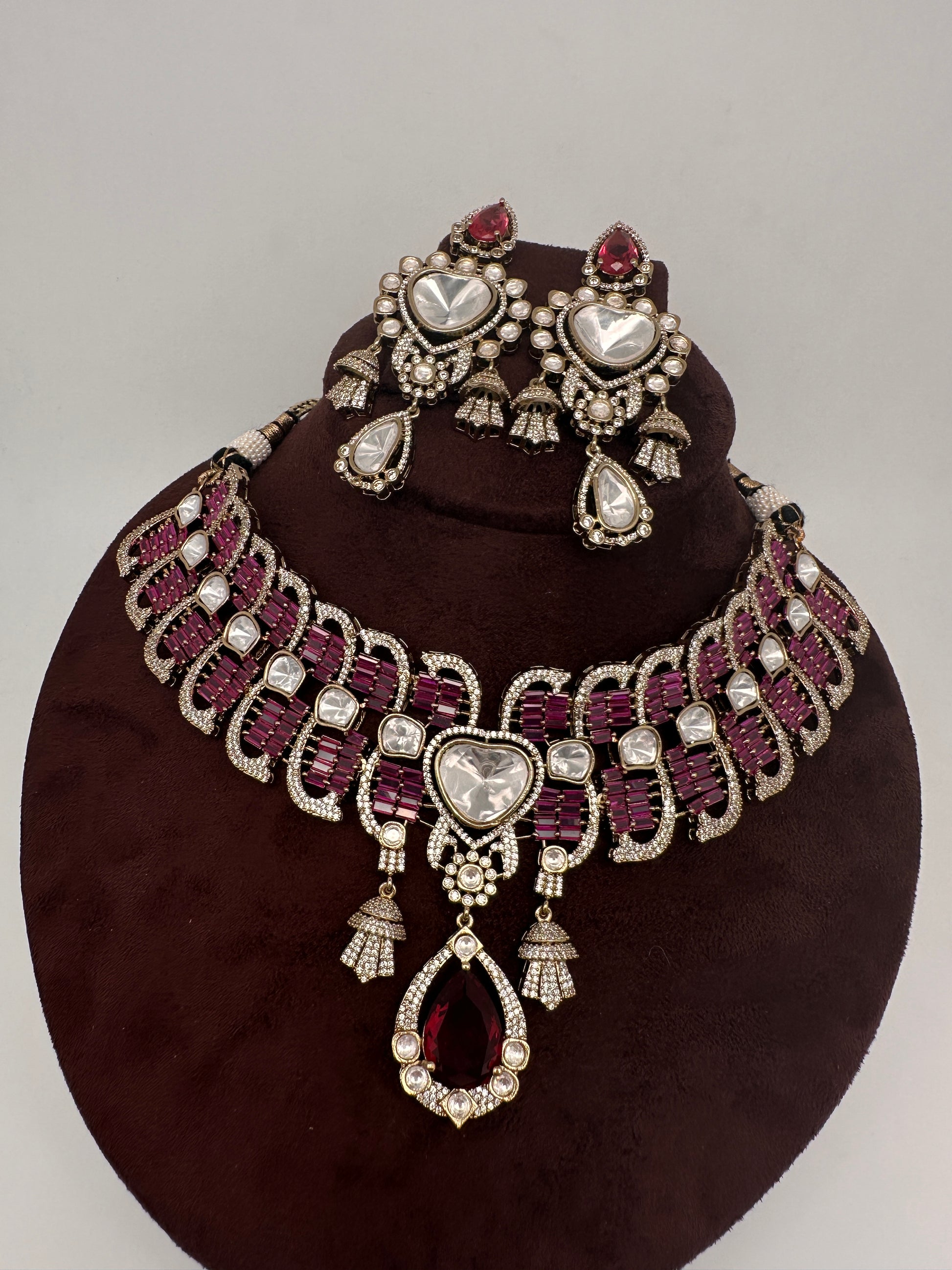 Moissanite Polki Red Pink Statement Choker Necklace - 