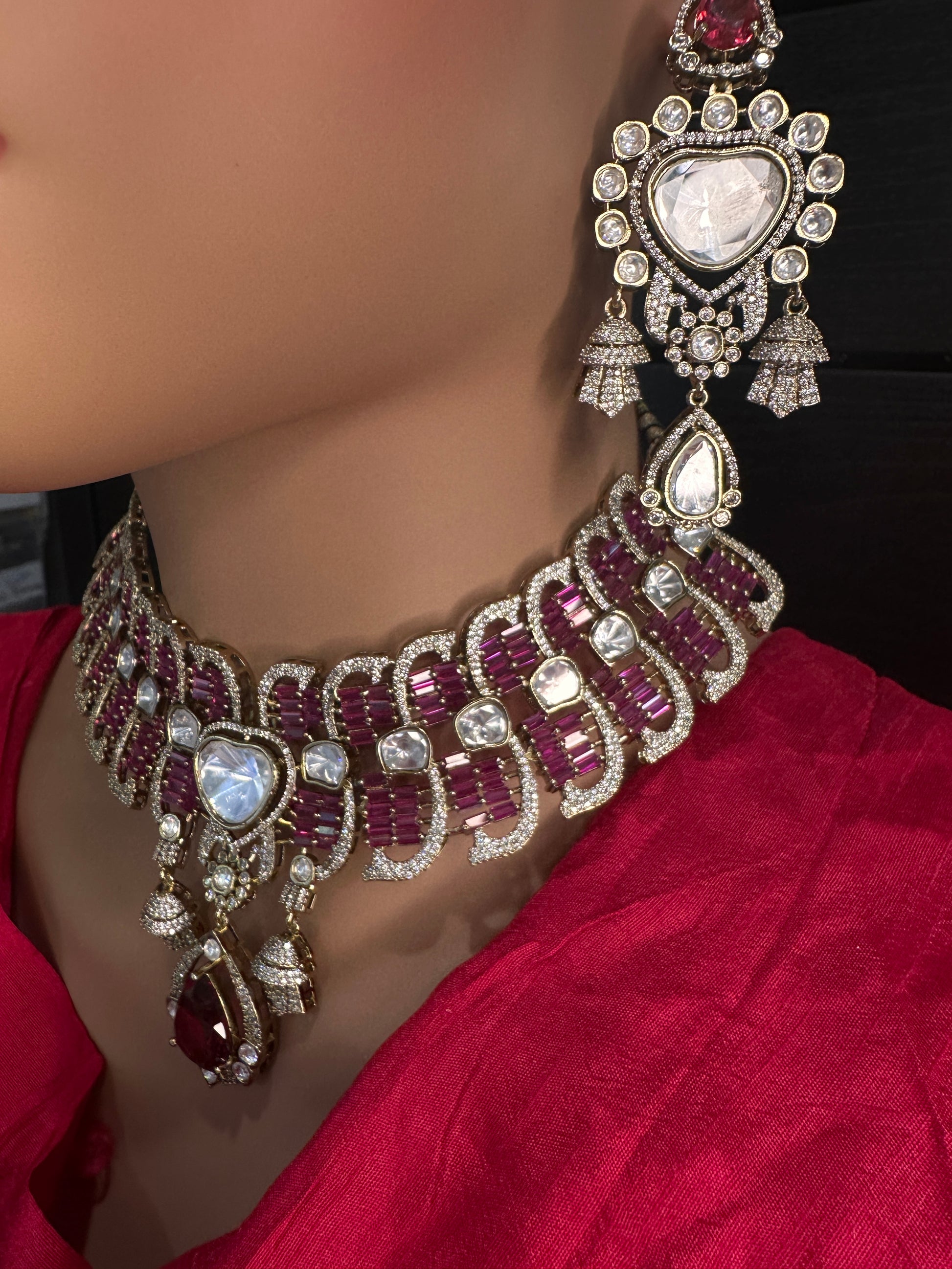 Moissanite Polki Red Pink Statement Choker Necklace - 
