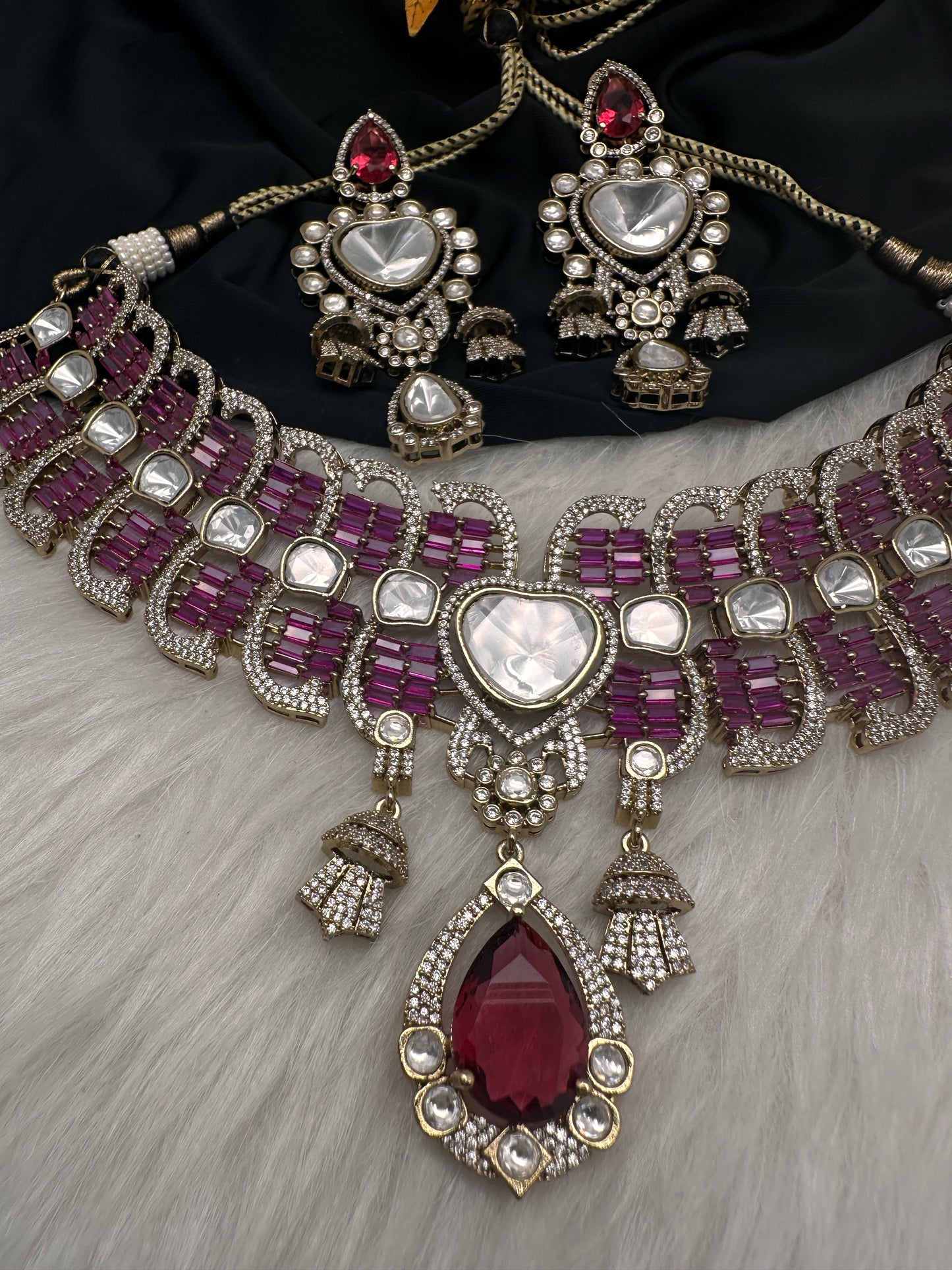 Moissanite Polki Red Pink Statement Choker Necklace - 