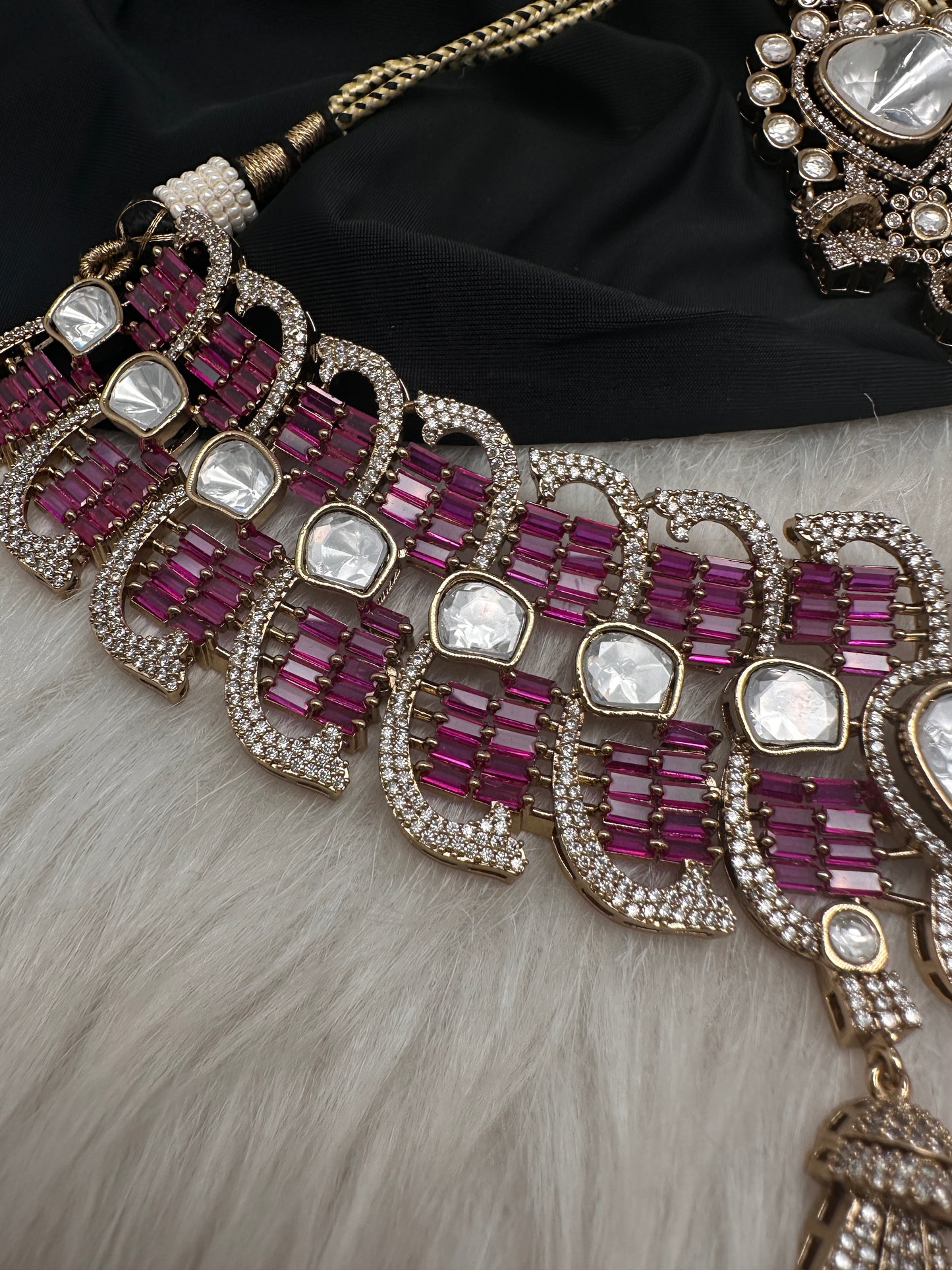 Moissanite Polki Red Pink Statement Choker Necklace - 