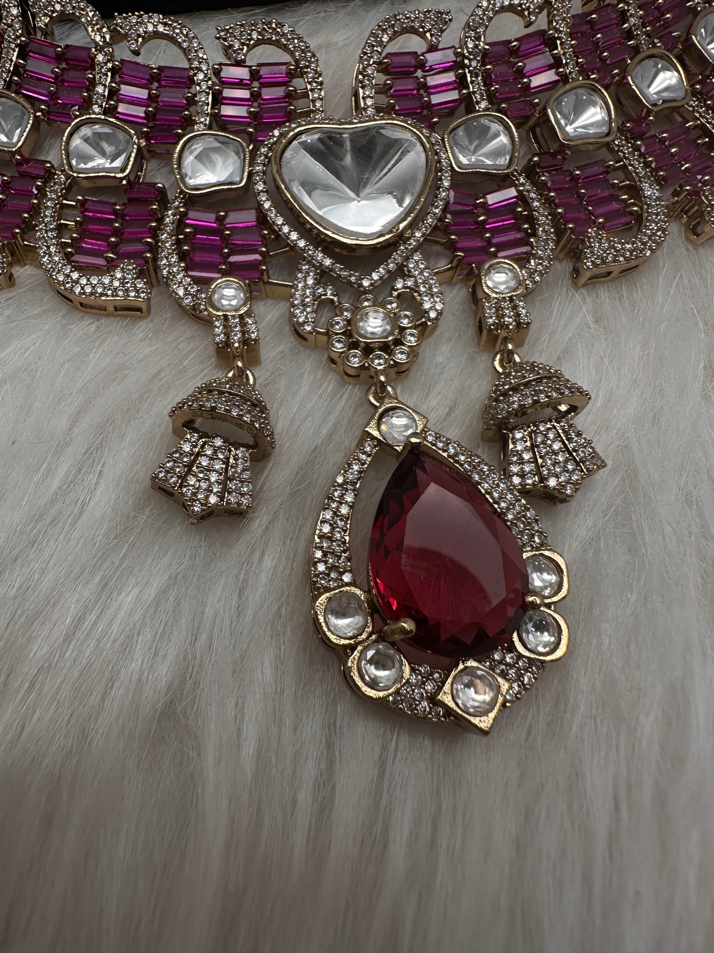 Moissanite Polki Red Pink Statement Choker Necklace - 