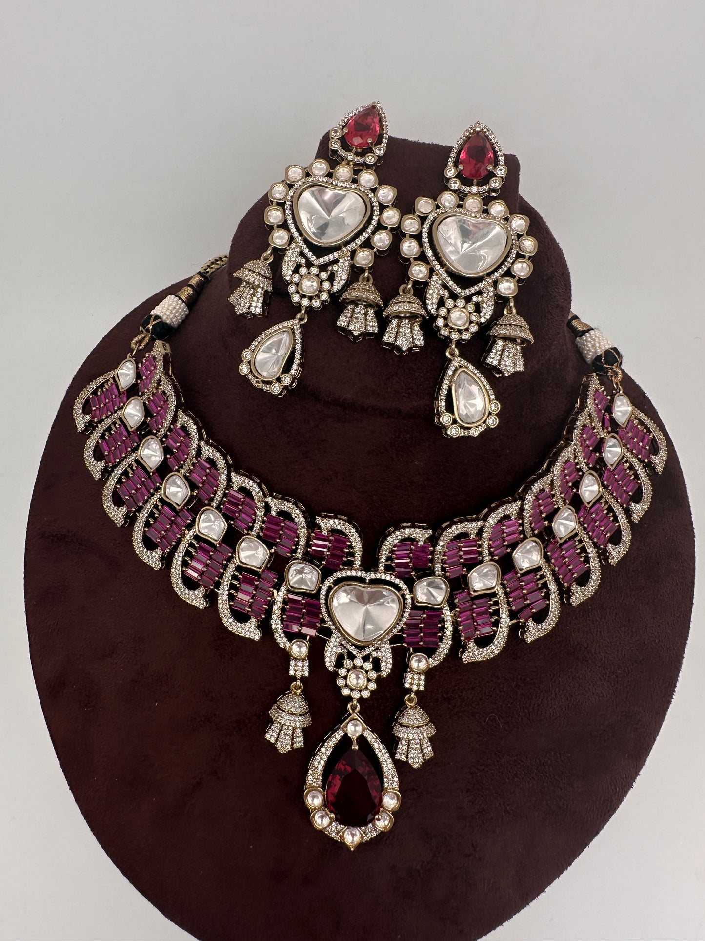 Moissanite Polki Red Pink Statement Choker Necklace - 