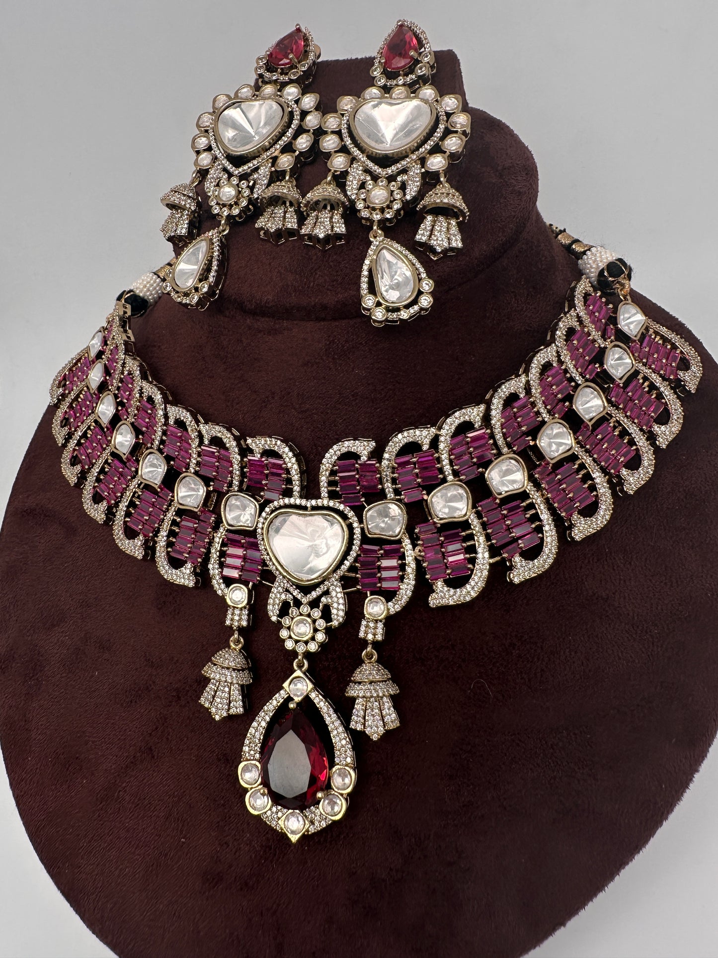 Moissanite Polki Red Pink Statement Choker Necklace - 