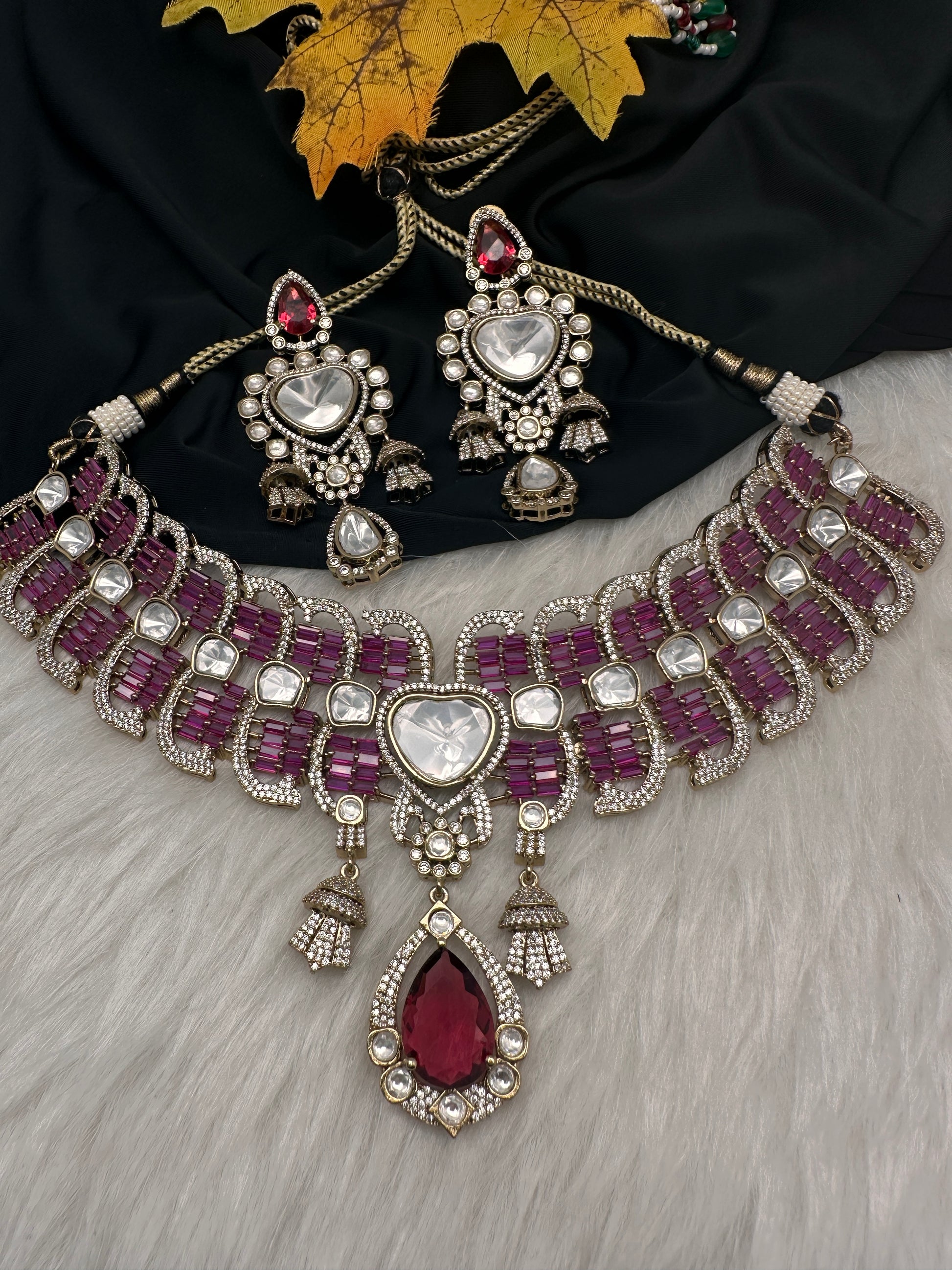 Moissanite Polki Red Pink Statement Choker Necklace - 