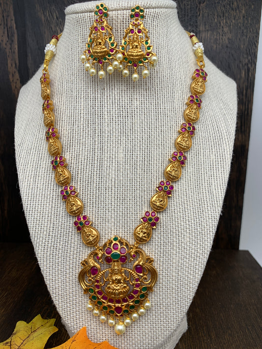 Traditional Matte Gold Finish Red Green Kemp Stone Lakshmi Pendent and Links Necklace with Pearls