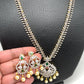 American Diamond Finish Red Stone Long Peacock Pattern Necklace with Perals