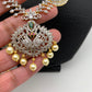American Diamond Finish Red Stone Long Peacock Pattern Necklace with Perals