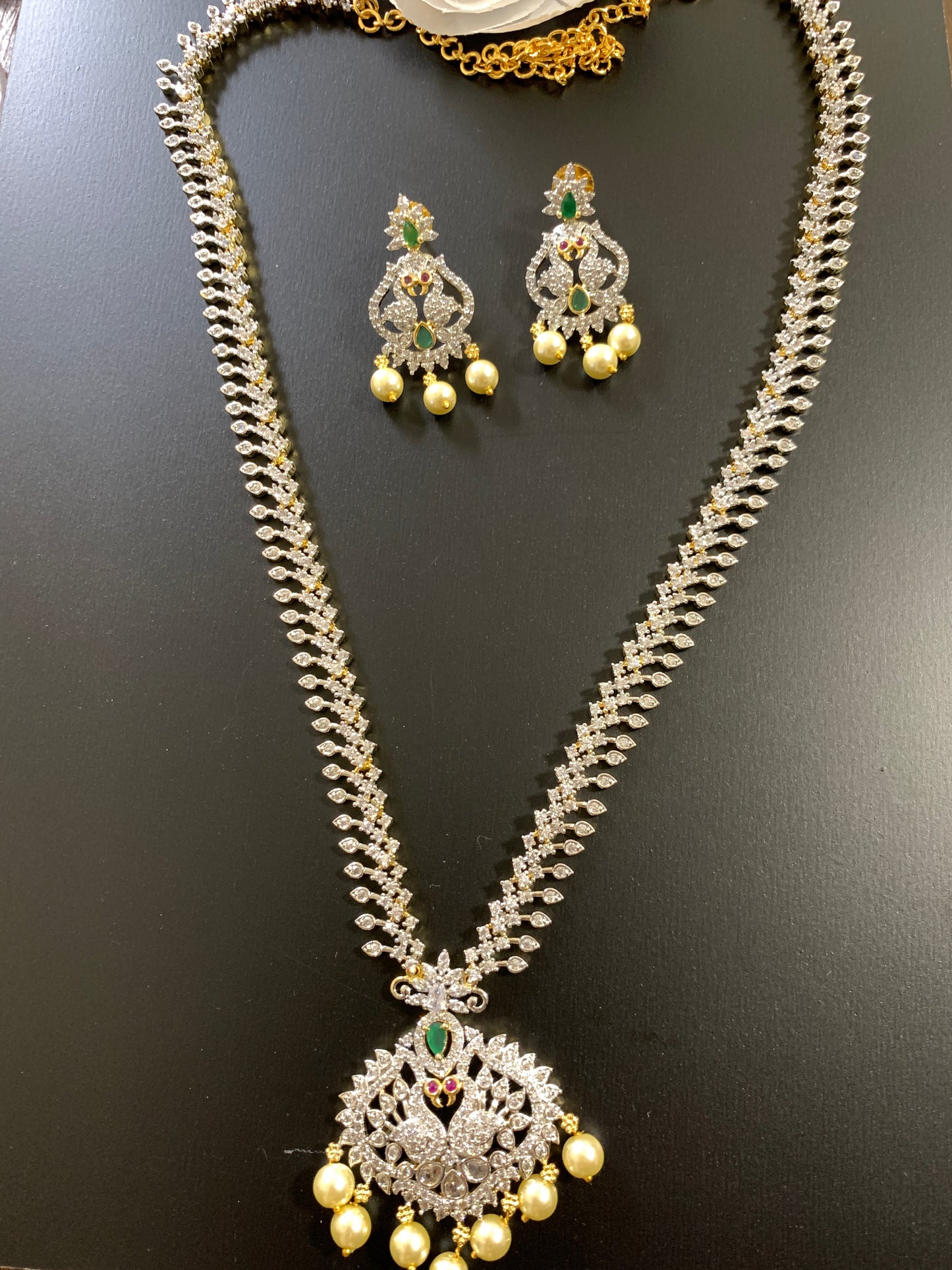 American Diamond Finish Red Stone Long Peacock Pattern Necklace with Perals