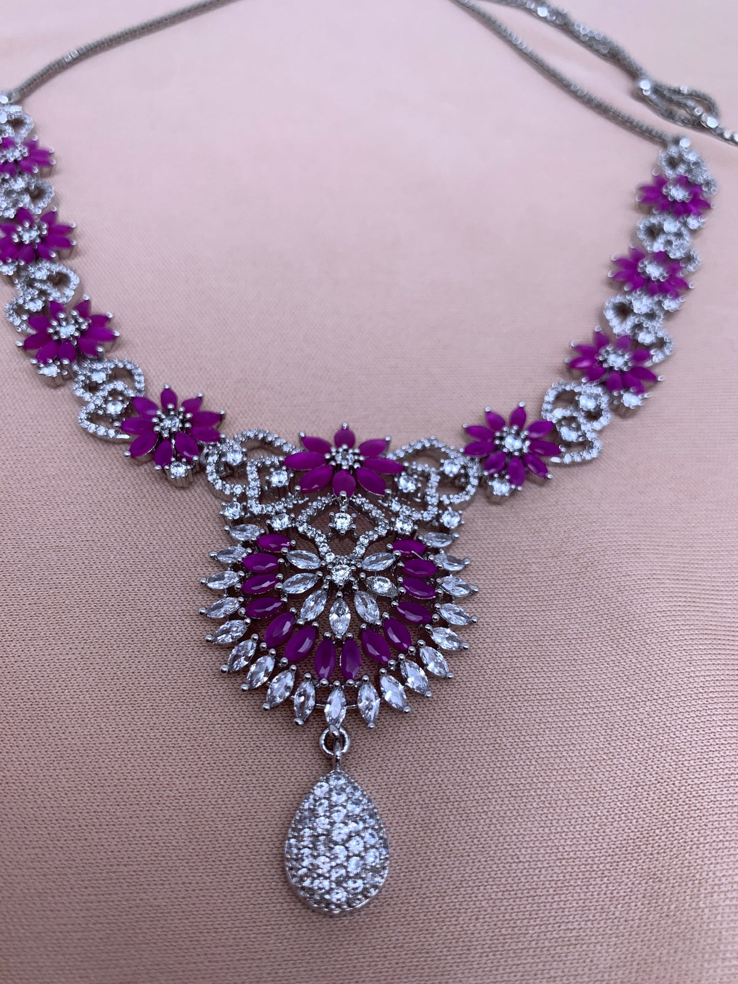 Pink and White Stone Silver Finish American Diamond Adjustable Length Short Necklace