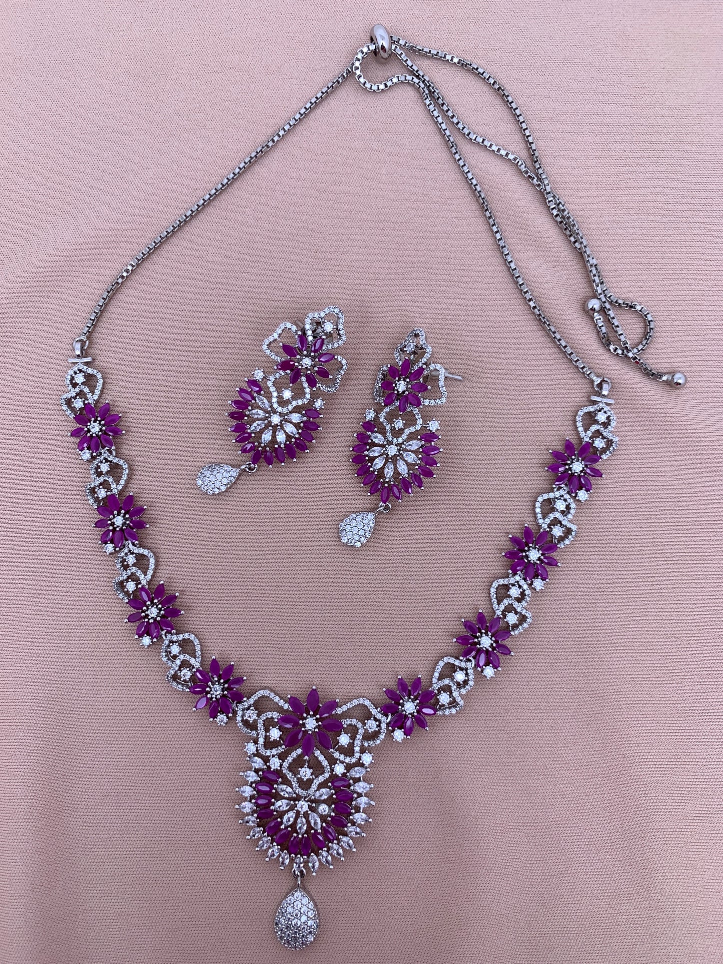 Pink and White Stone Silver Finish American Diamond Adjustable Length Short Necklace