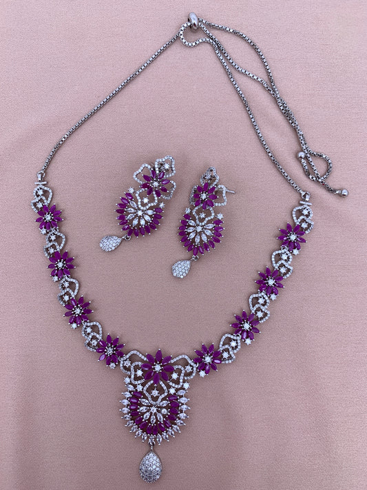 Pink and White Stone Silver Finish American Diamond Adjustable Length Short Necklace