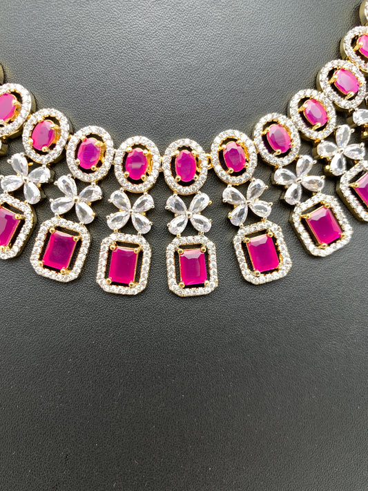 Diamond Finish American Diamond Ruby Red Stones Short Necklace