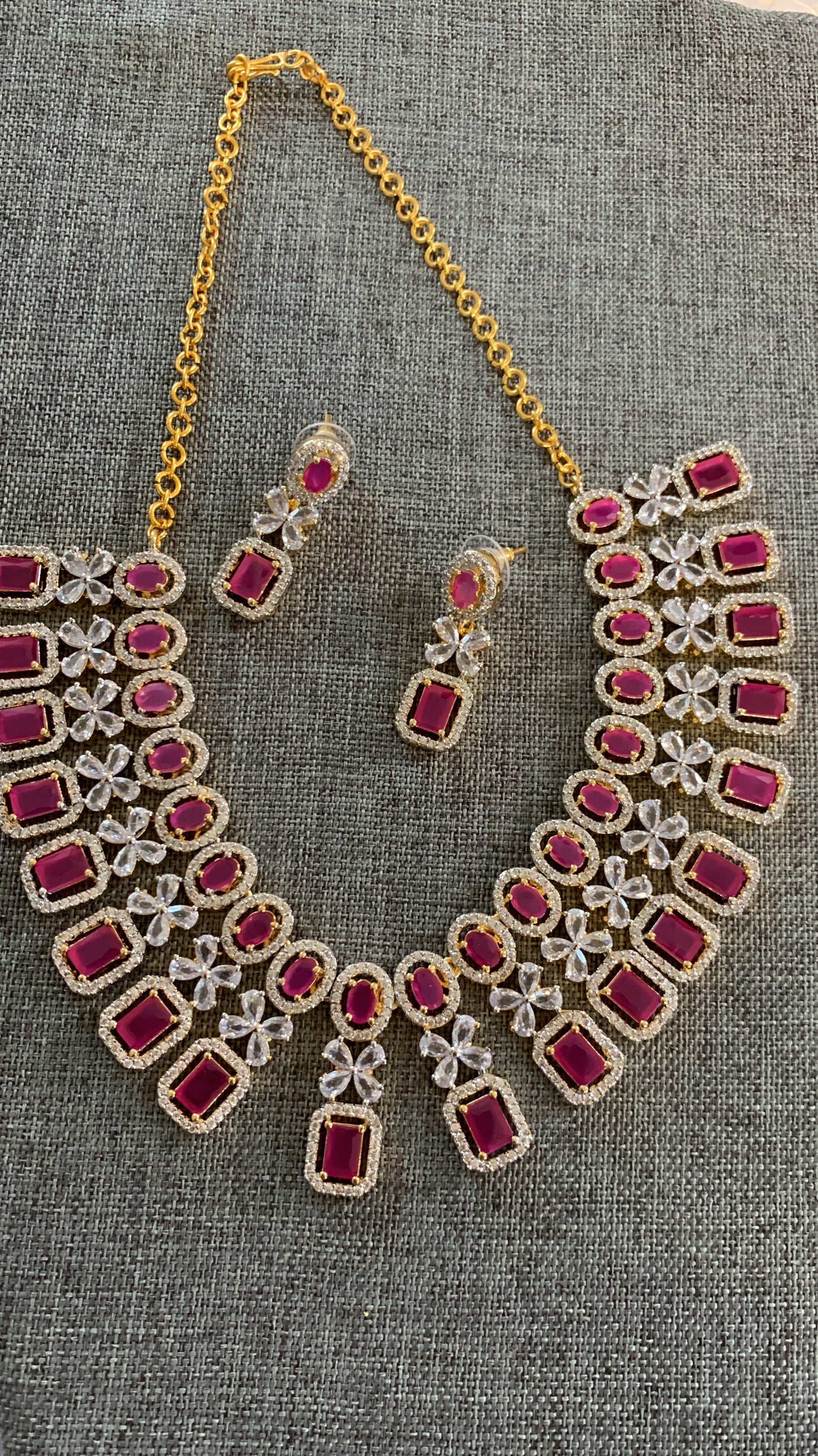 Diamond Finish American Diamond Ruby Red Stones Short Necklace
