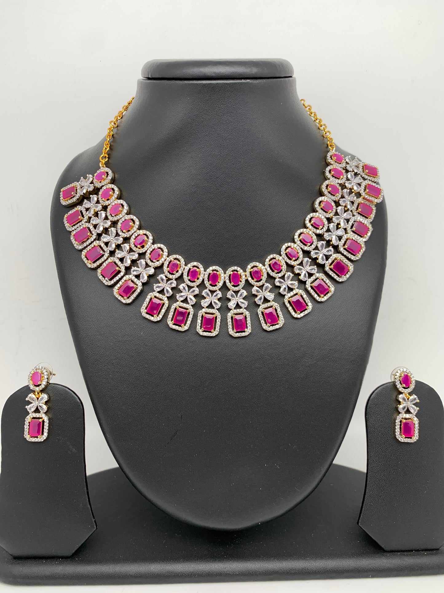 Diamond Finish American Diamond Ruby Red Stones Short Necklace