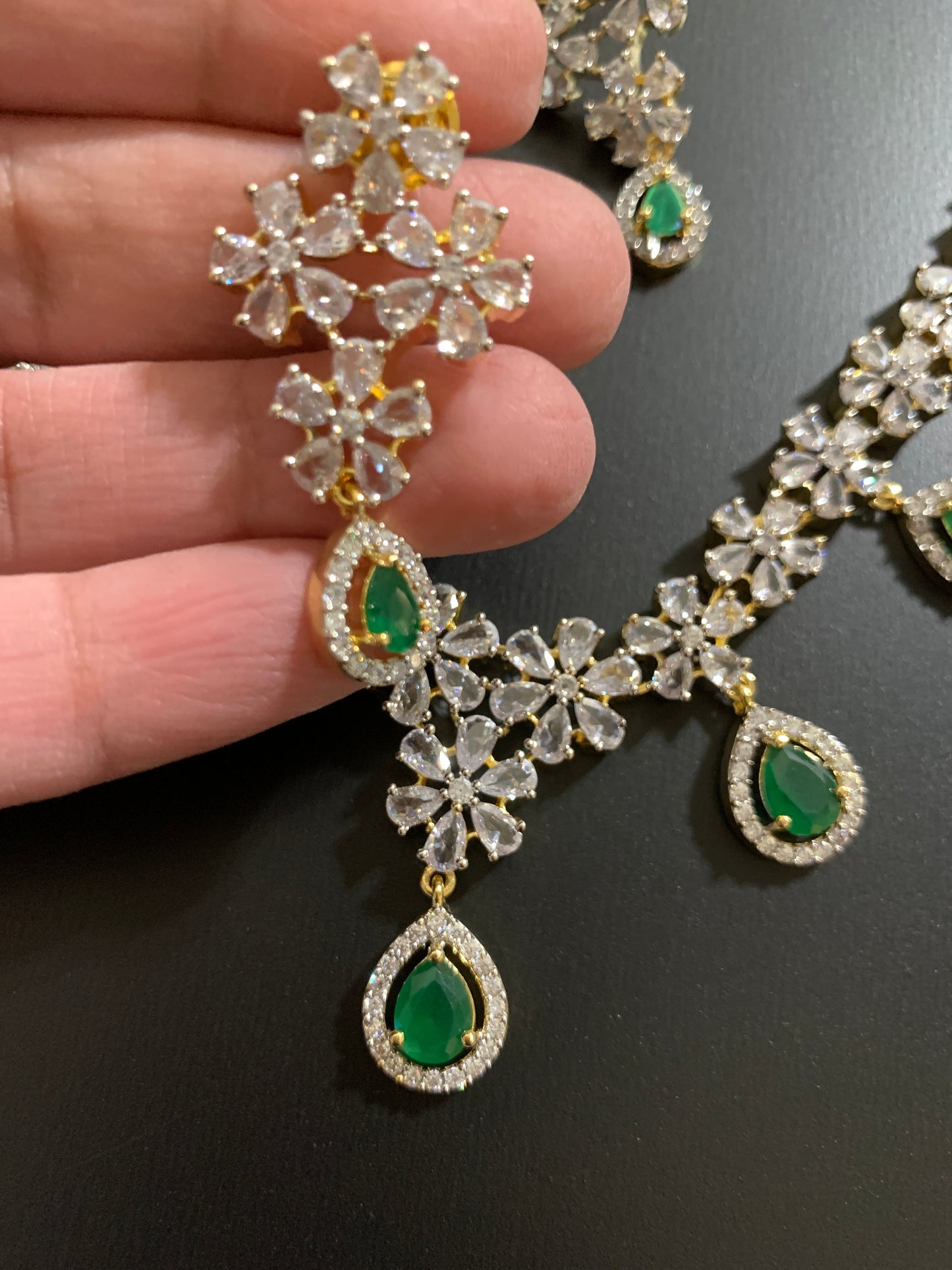 Diamond Finish American Diamond Emrald Green Stones Short Necklace