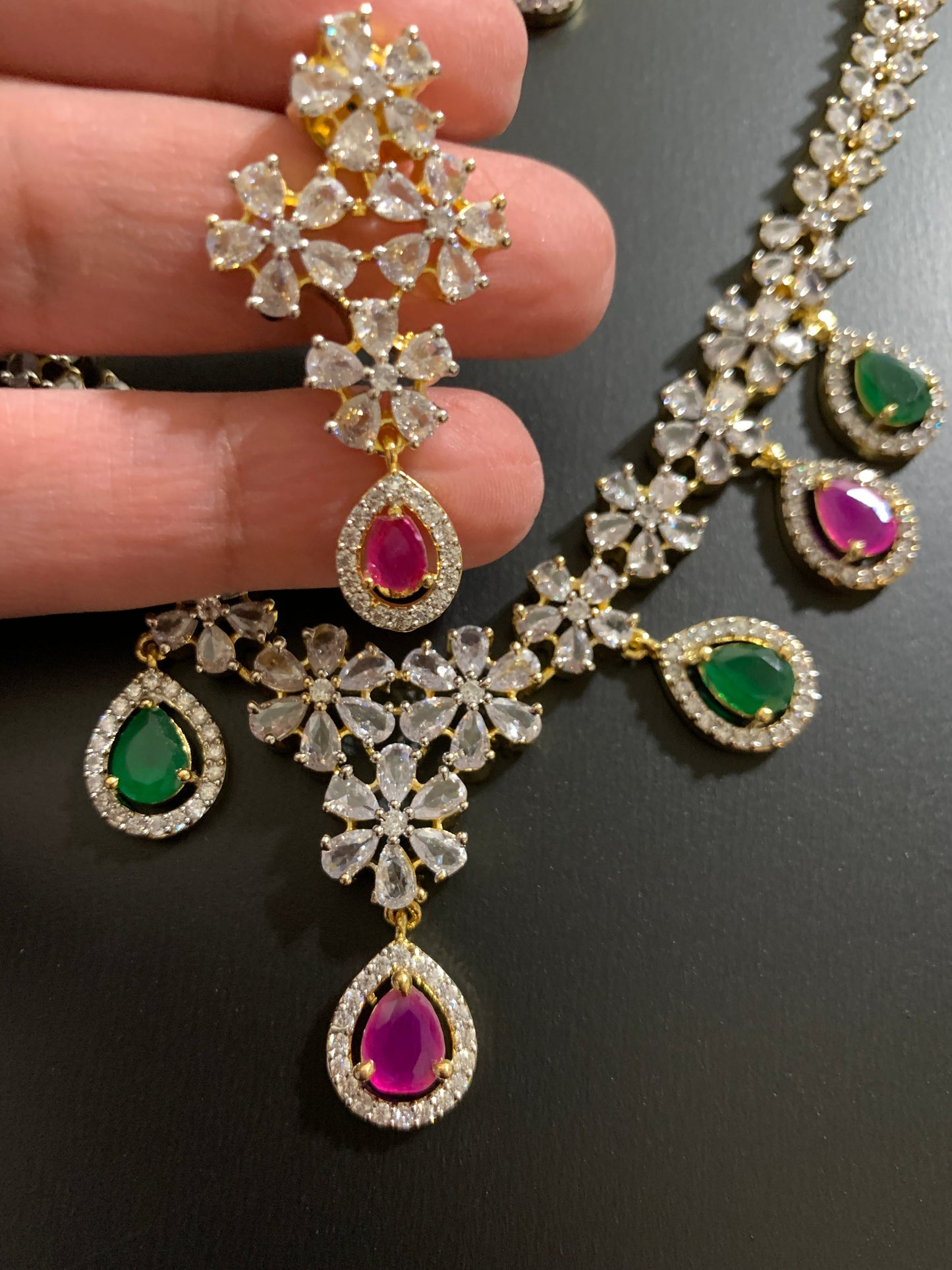 Diamond Finish American Diamond Multi Color Stones Short Necklace