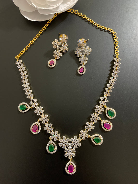 Diamond Finish American Diamond Multi Color Stones Short Necklace