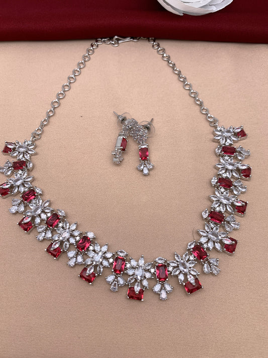 Diamond Finish American Diamond Silver Polish White and Wine color Stones Short Necklace