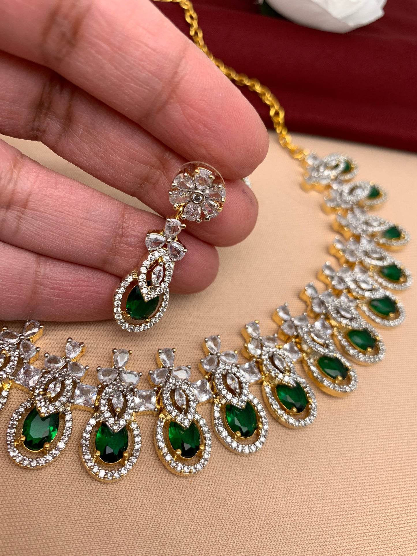 Diamond Finish American Diamond Emrald Green Stone Short Necklace