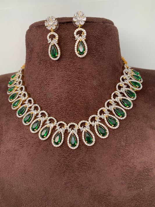 Diamond Finish American Diamond Emrald Green Stone Short Necklace