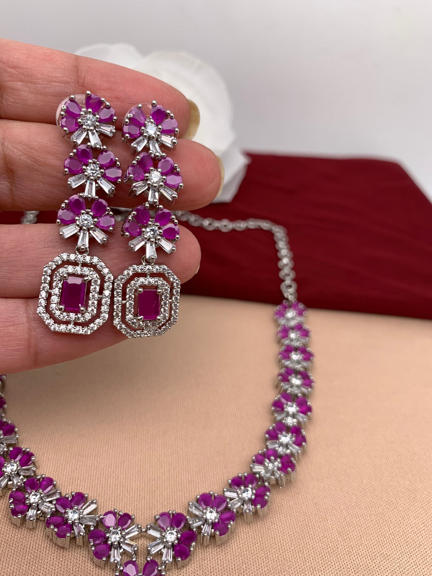 AD Silver Polish Pink Stone Short Necklace
